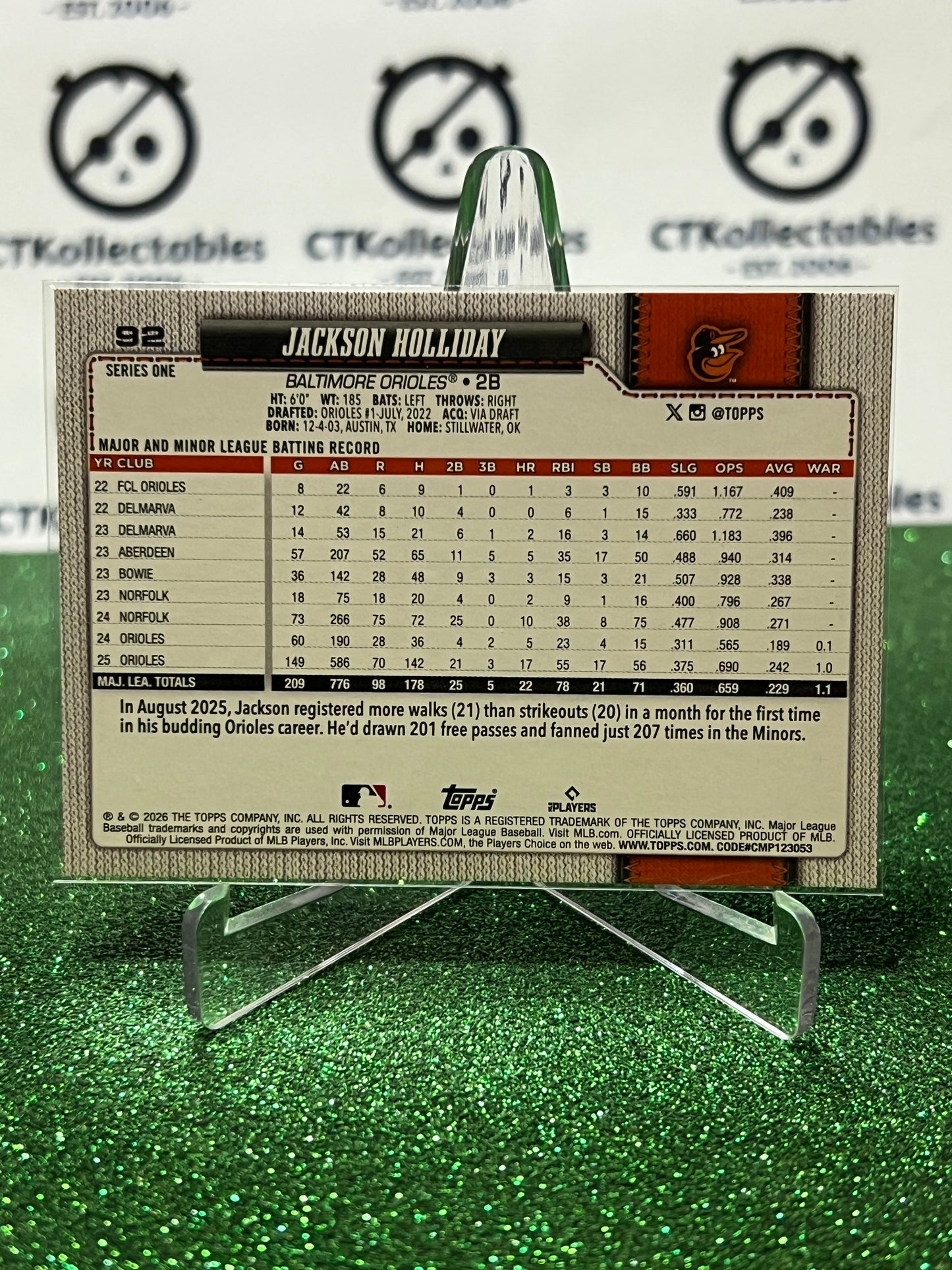 2026 TOPPS  75 JACKSON HOLLIDAY # 92 FOIL PARALLEL BALTIMORE ORIOLES BASEBALL CARD