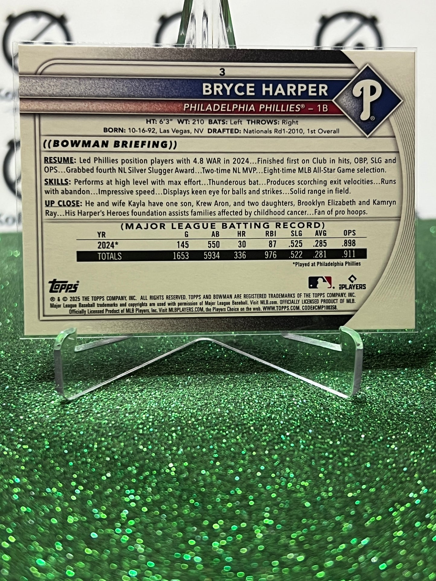 2026  BOWMAN  BRYCE HARPER # 3 PHILADELPHIA PHILLIES BASEBALL CARD