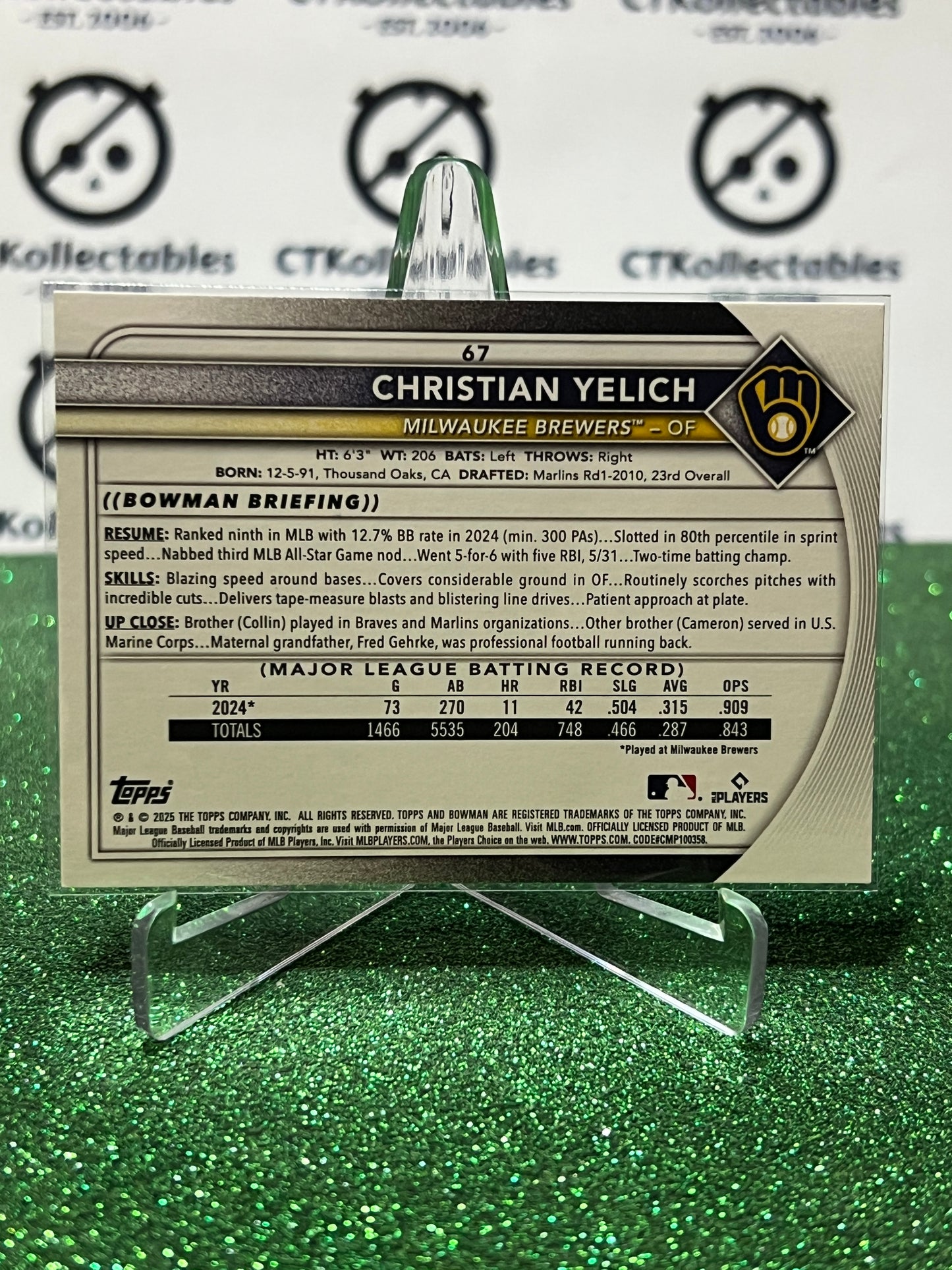 2026  BOWMAN  CHRISTIAN YELICH # 67 MILWAUKEE BREWERS BASEBALL CARD