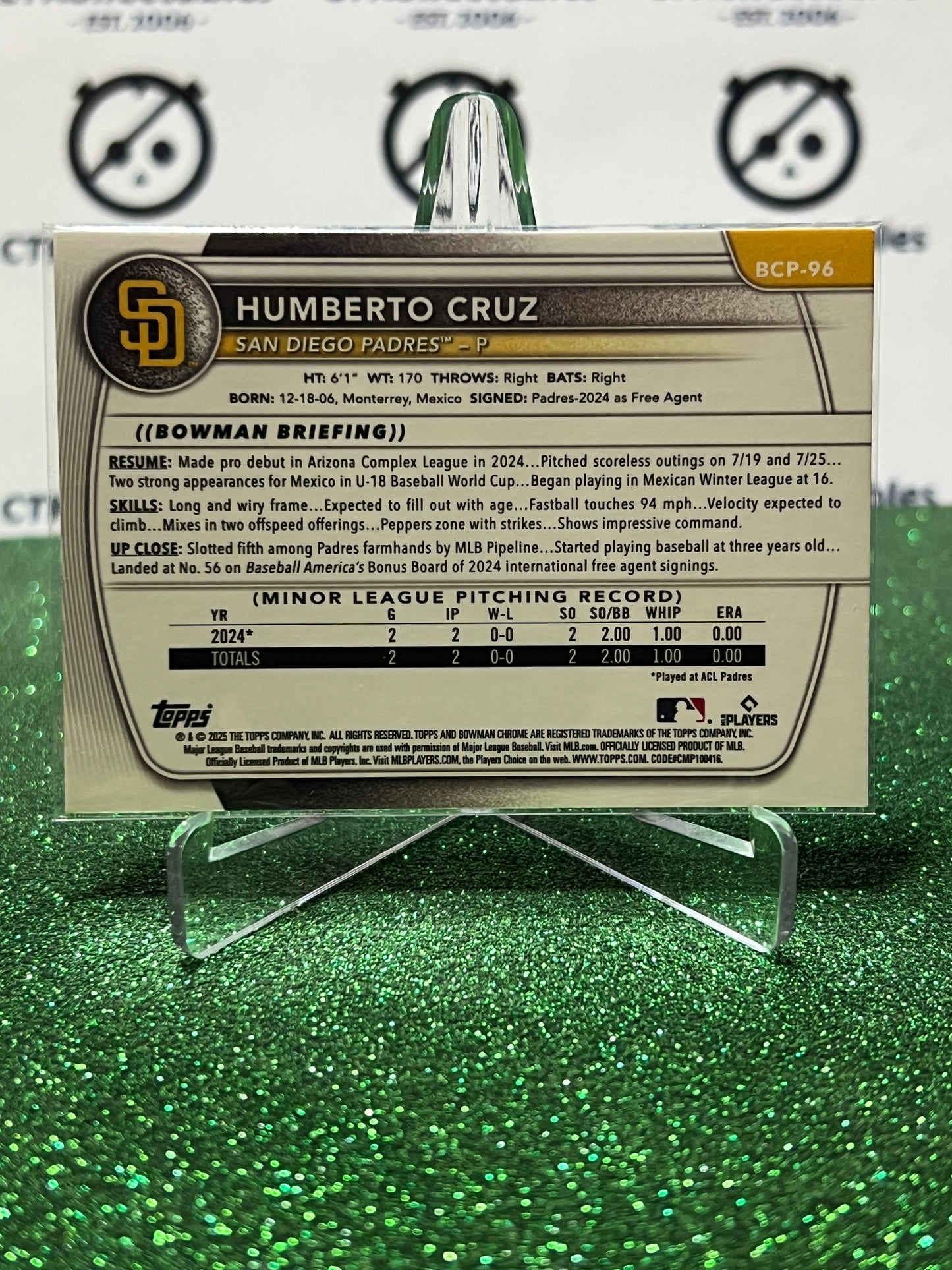 2026  BOWMAN CHROME HUMBERTO CRUZ 1ST # BCP-96 SAN DIEGO PADRES BASEBALL CARD