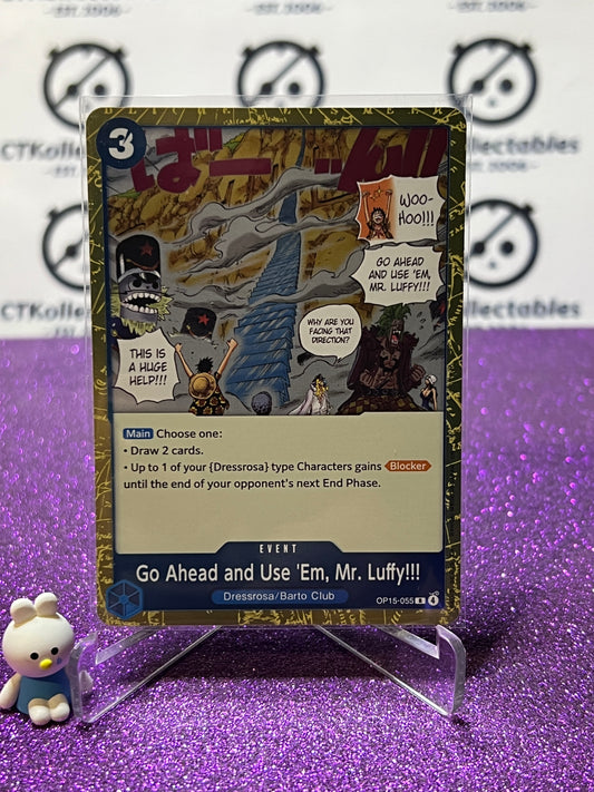 2026 ONE PIECE ADVENTURE ON KAMI'S ISLAND GO AHEAD AND USE EM.MR.LUFFY!!! # OP15-055 R FOIL TCG CARD