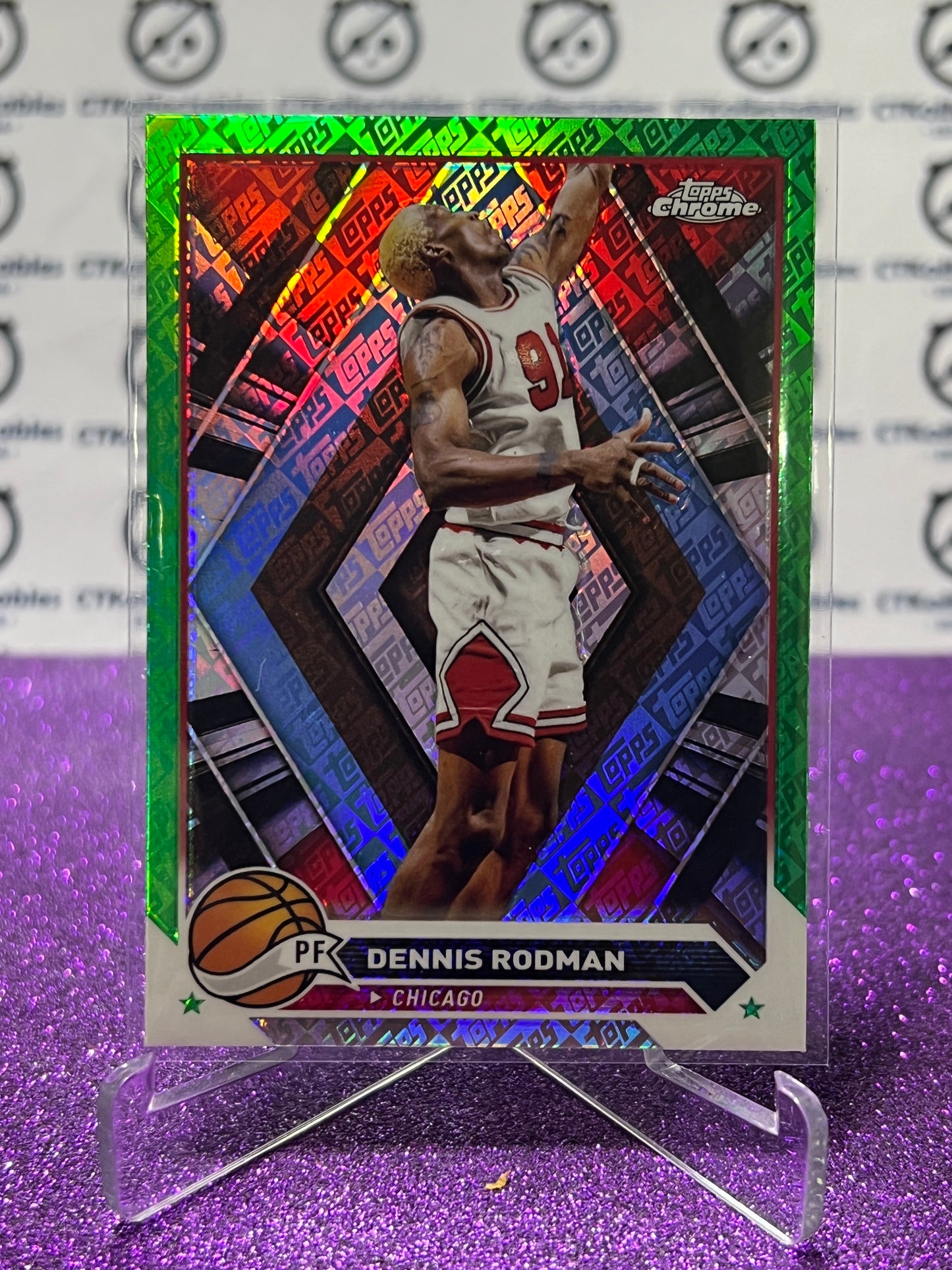 2023-24 TOPPS CHROME DENNIS RODMAN # 87 GREEN REFRACTOR CHICAGO BULLS BASKETBALL