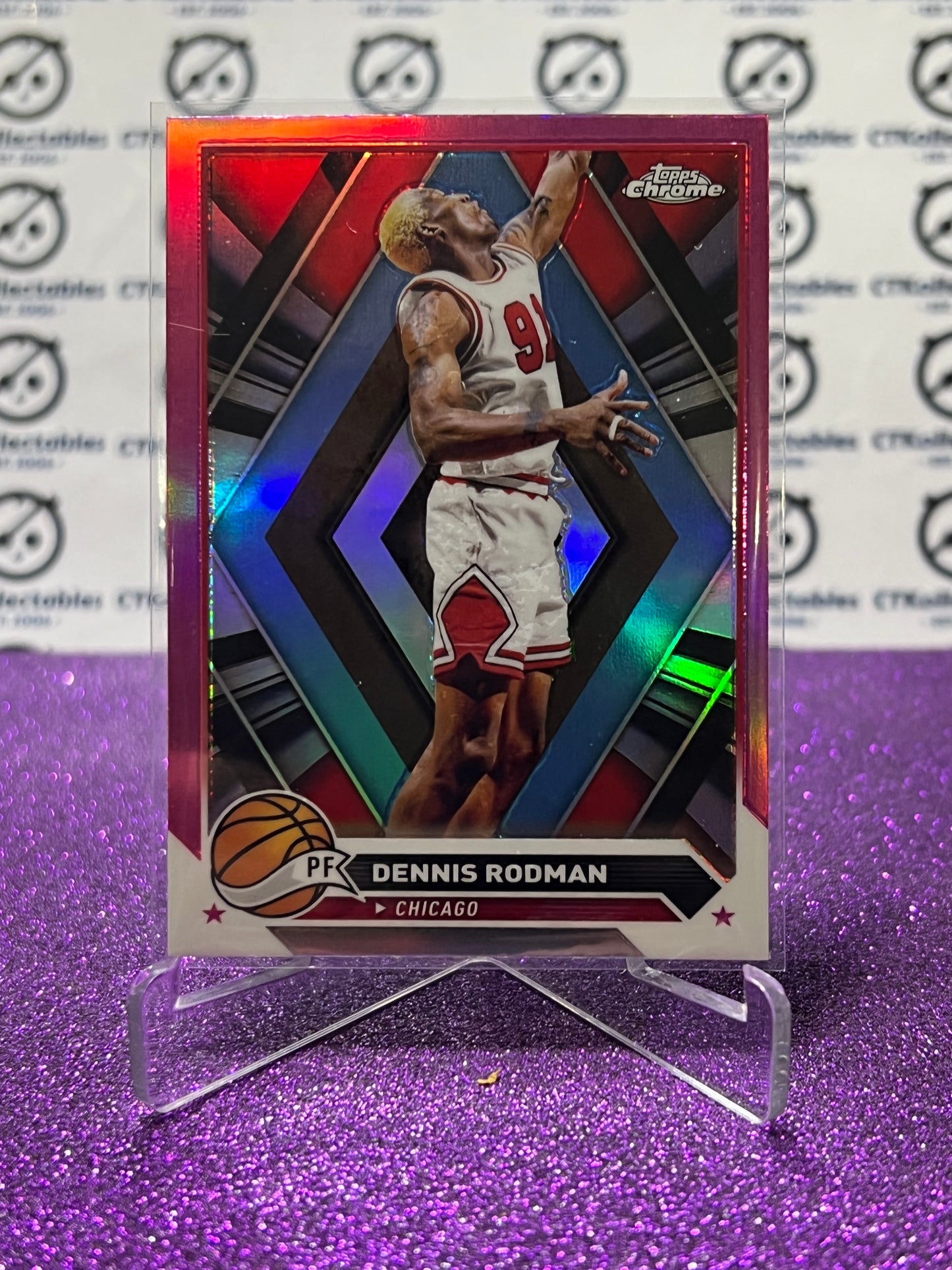 2023-24 TOPPS CHROME DENNIS RODMAN # 87 PINK REFRACTOR CHICAGO BULLS BASKETBALL