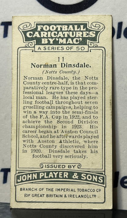 1927 FOOTBALL CARICATURES BY "MAC" JOHN PLAYER & SONS NORMAN DINSDALE # 11 PLAYER'S CIGARETTES SOCCER CARD