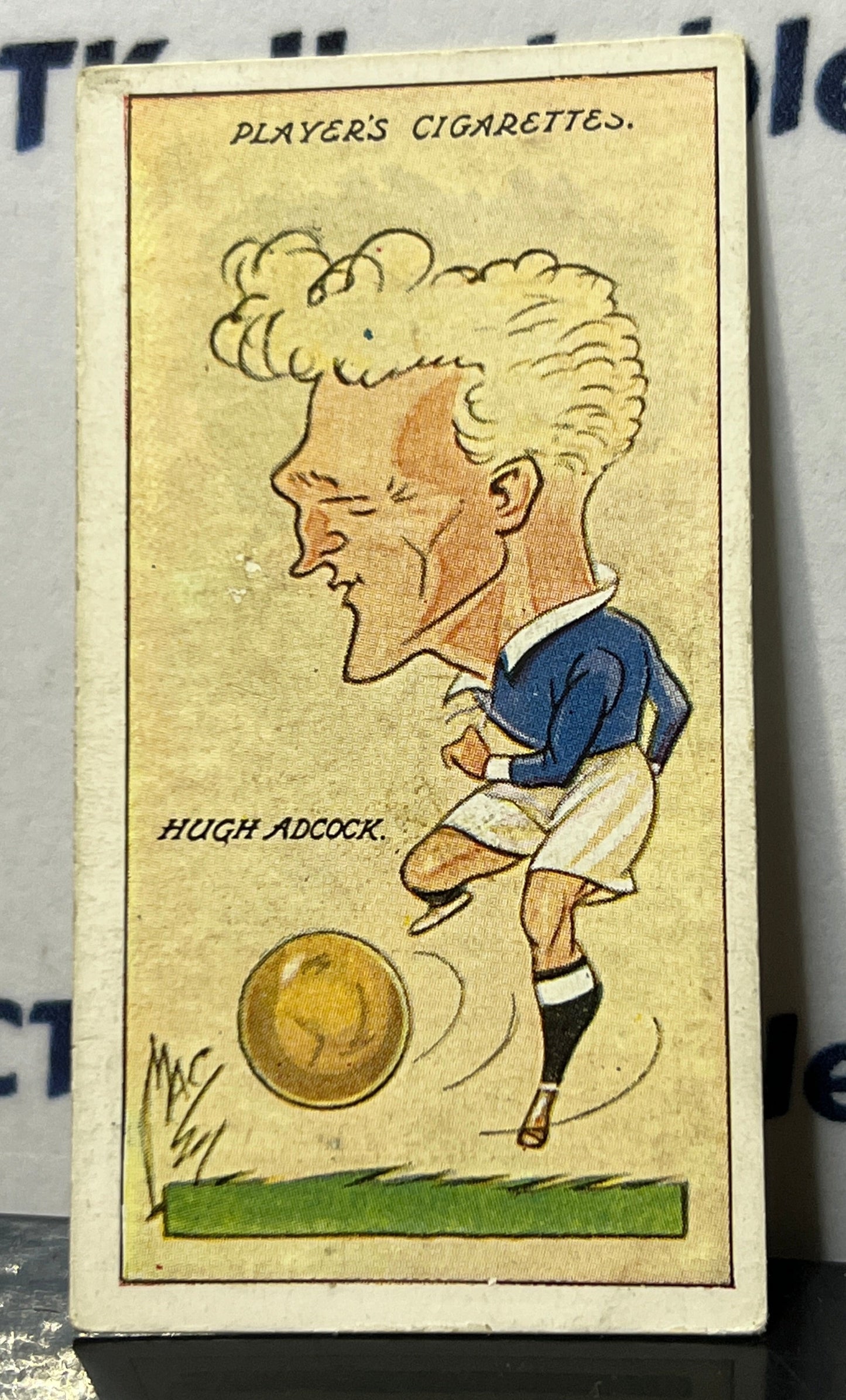 1927 FOOTBALL CARICATURES BY "MAC" JOHN PLAYER & SONS HUGH ADCOCK # 1 PLAYER'S CIGARETTES SOCCER CARD