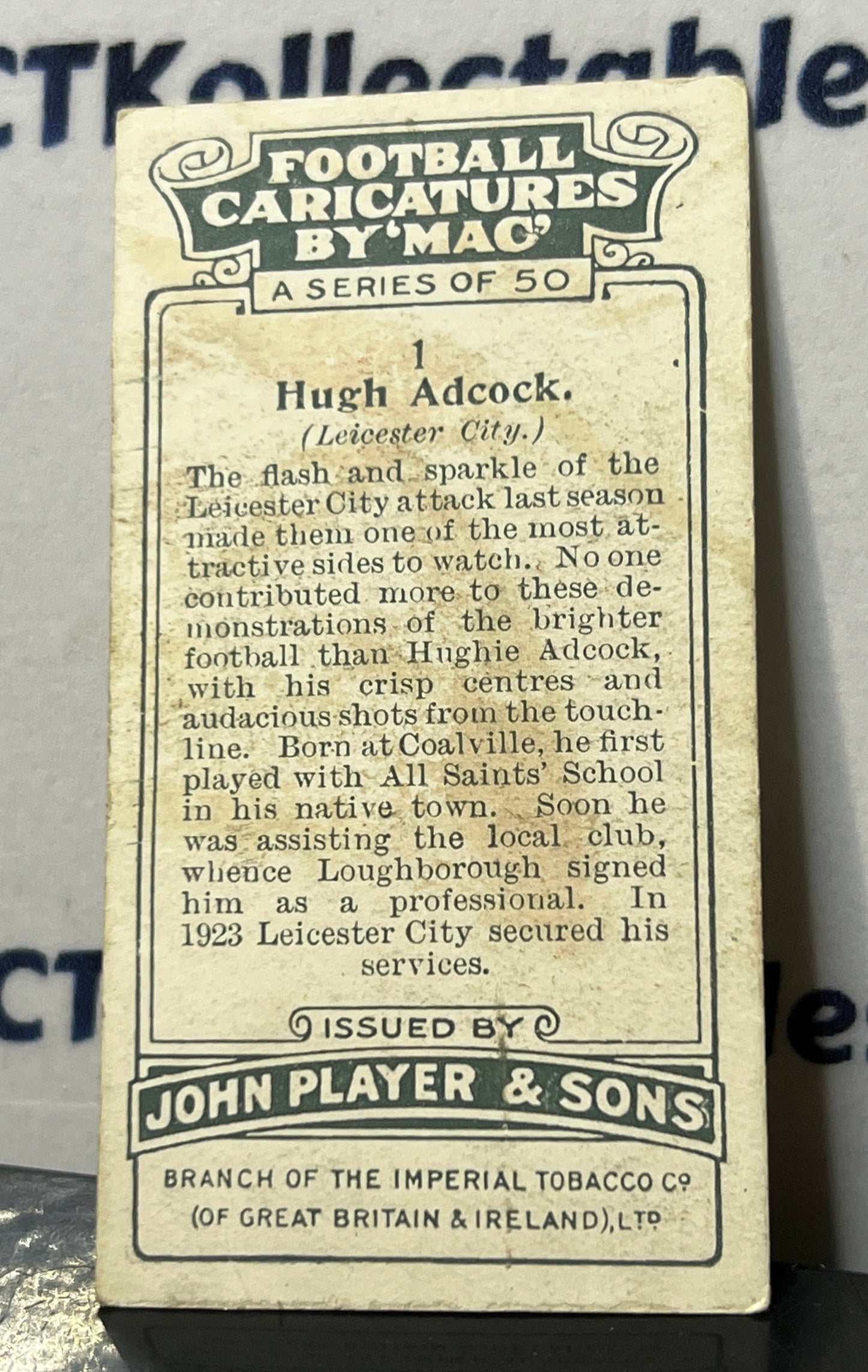 1927 FOOTBALL CARICATURES BY "MAC" JOHN PLAYER & SONS HUGH ADCOCK # 1 PLAYER'S CIGARETTES SOCCER CARD