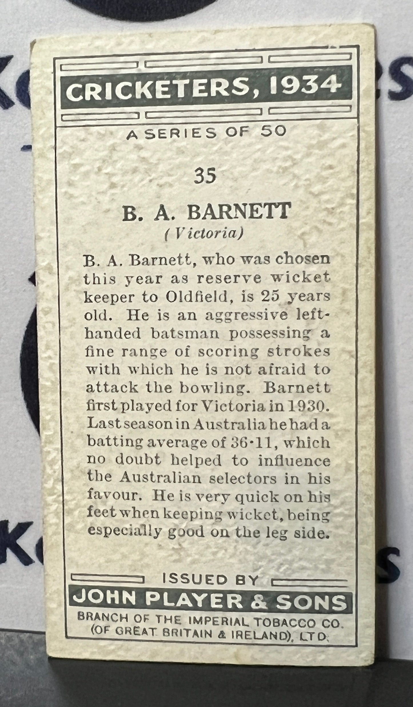 1934 PLAYER'S CIGARETTES  CRICKETERS  B.A. BARNETT # 35 JOHN PLAYER & SONS CARD