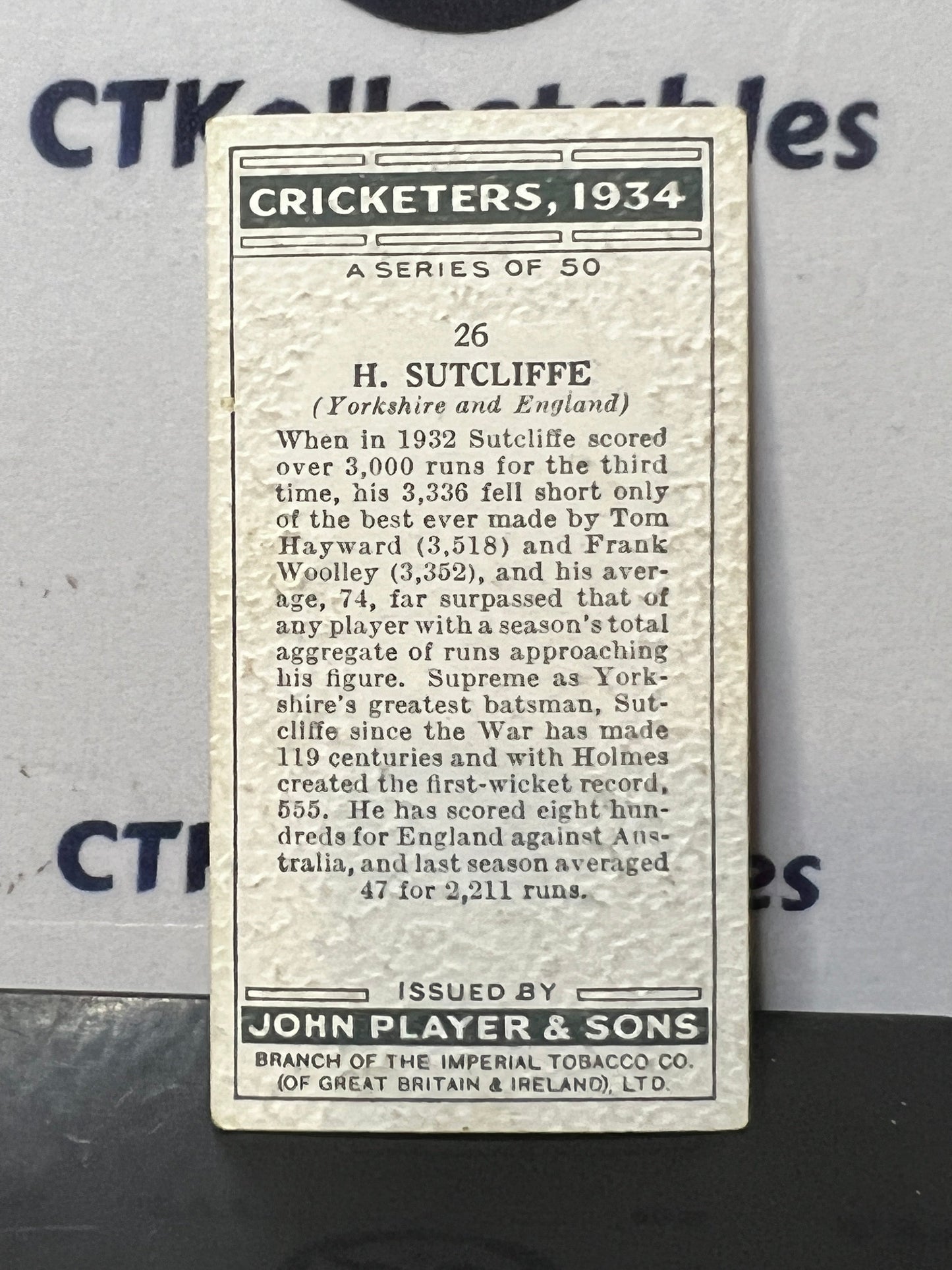 1934 PLAYER'S CIGARETTES  CRICKETERS  H. SUTCLIFFE # 26 JOHN PLAYER & SONS CARD