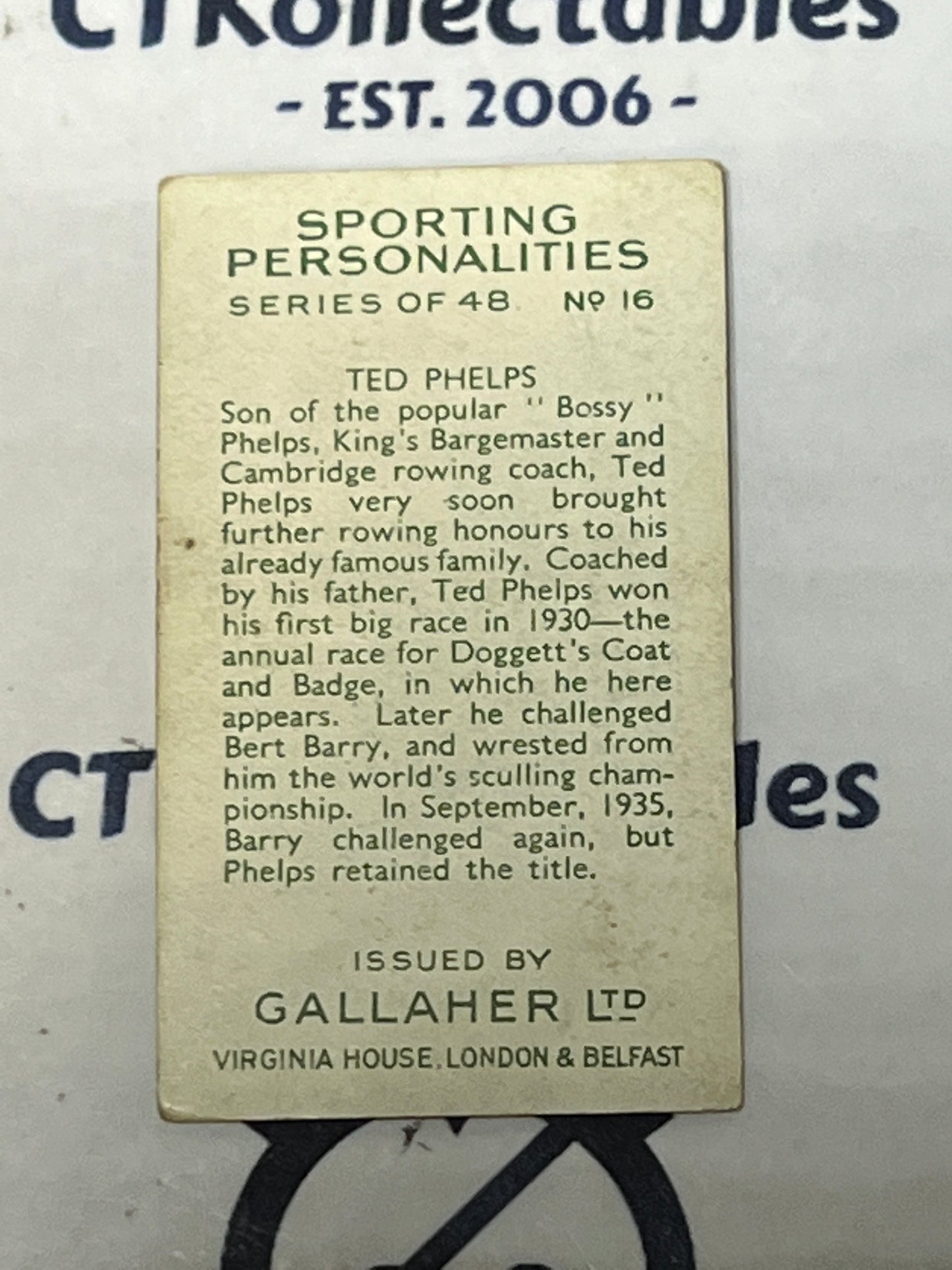 1936 SPORTING PERSONALITIES  TED PHELPS # 16 GALLAHER LTD TOBACCO CARD HORSE RACING