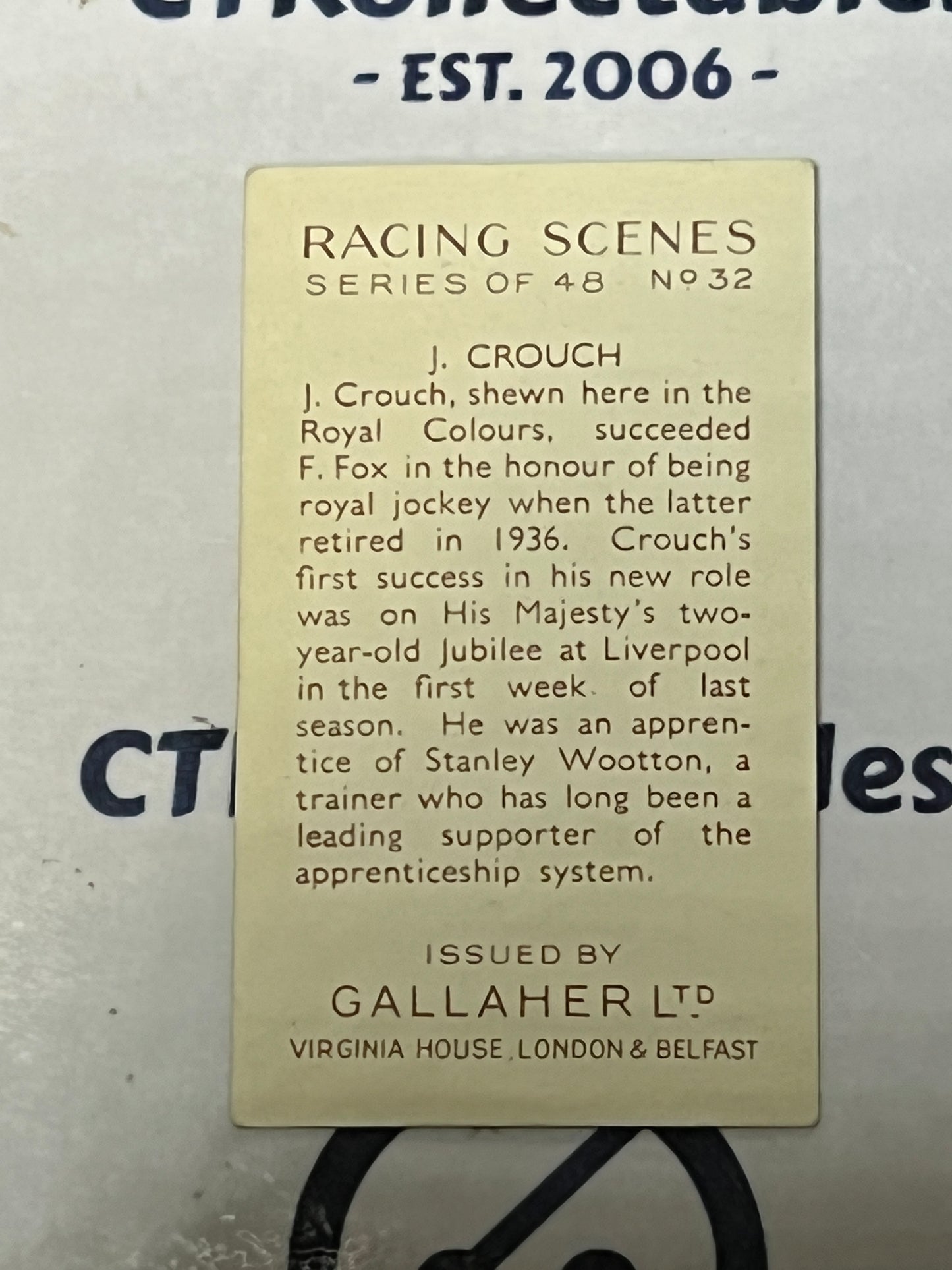 1938 RACING SCENES J. CROUCH # 32 GALLAHER LTD TOBACCO CARD HORSE RACING