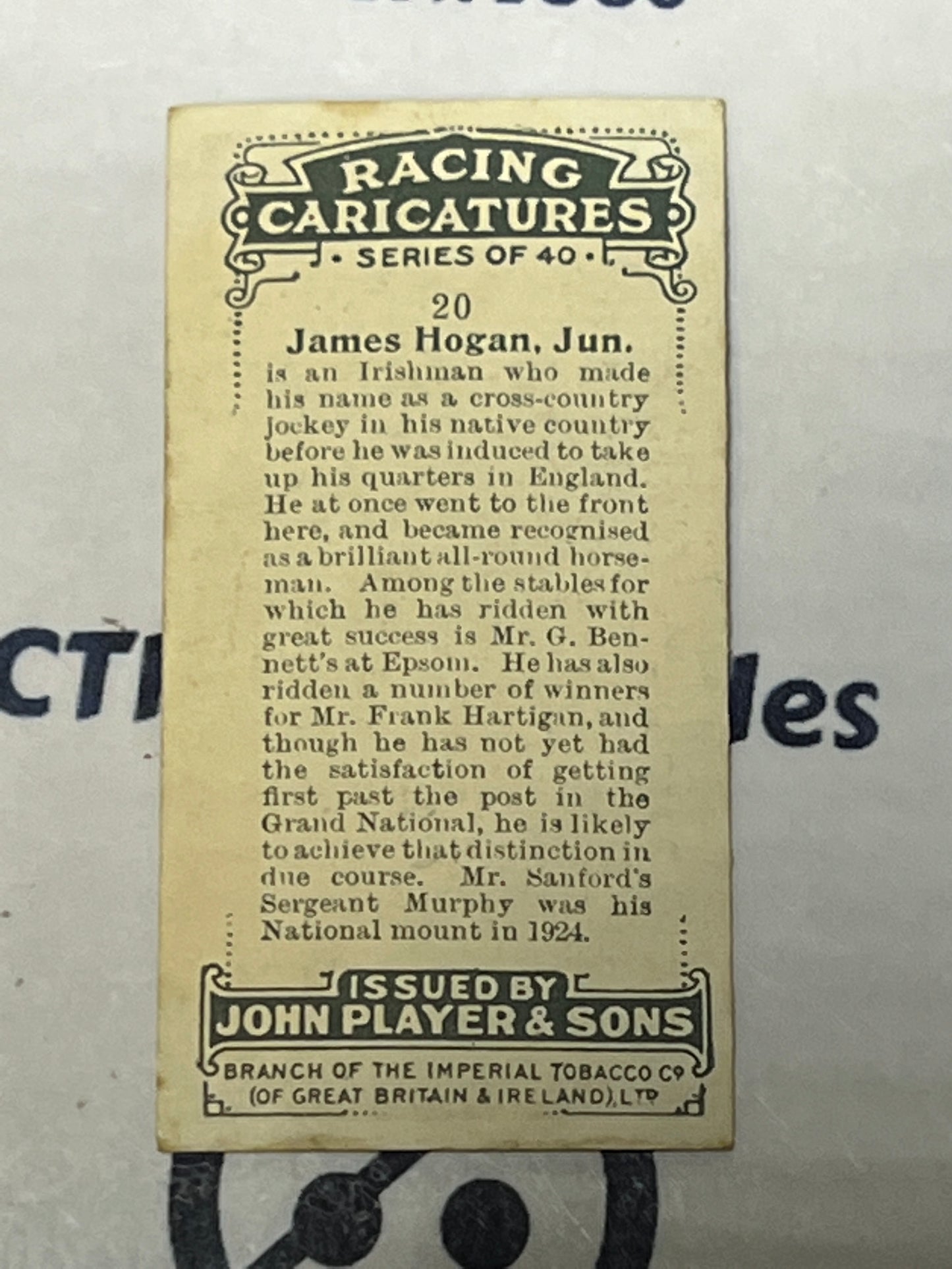 1925 PLAYER'S CIGARETTES  HORSE RACING CARICATURES JAMES HOGAN, JUN # 20 JOHN PLAYER & SONS CARD