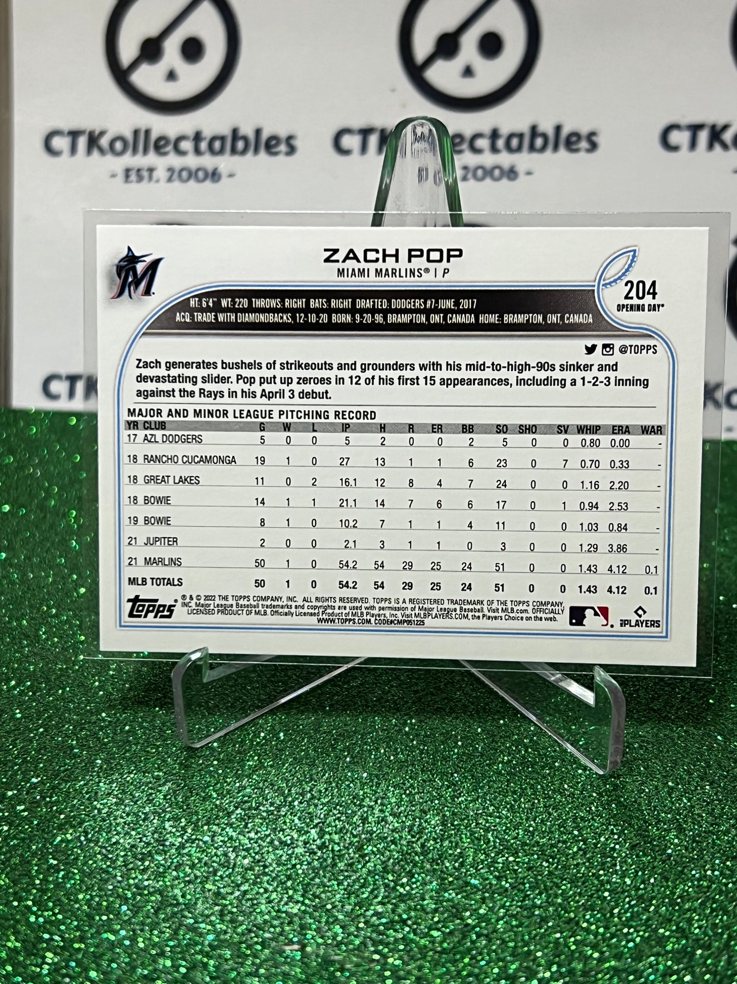 2022 TOPPS OPENING DAY ZACH POP # 204 MIAMI MARLINS BASEBALL