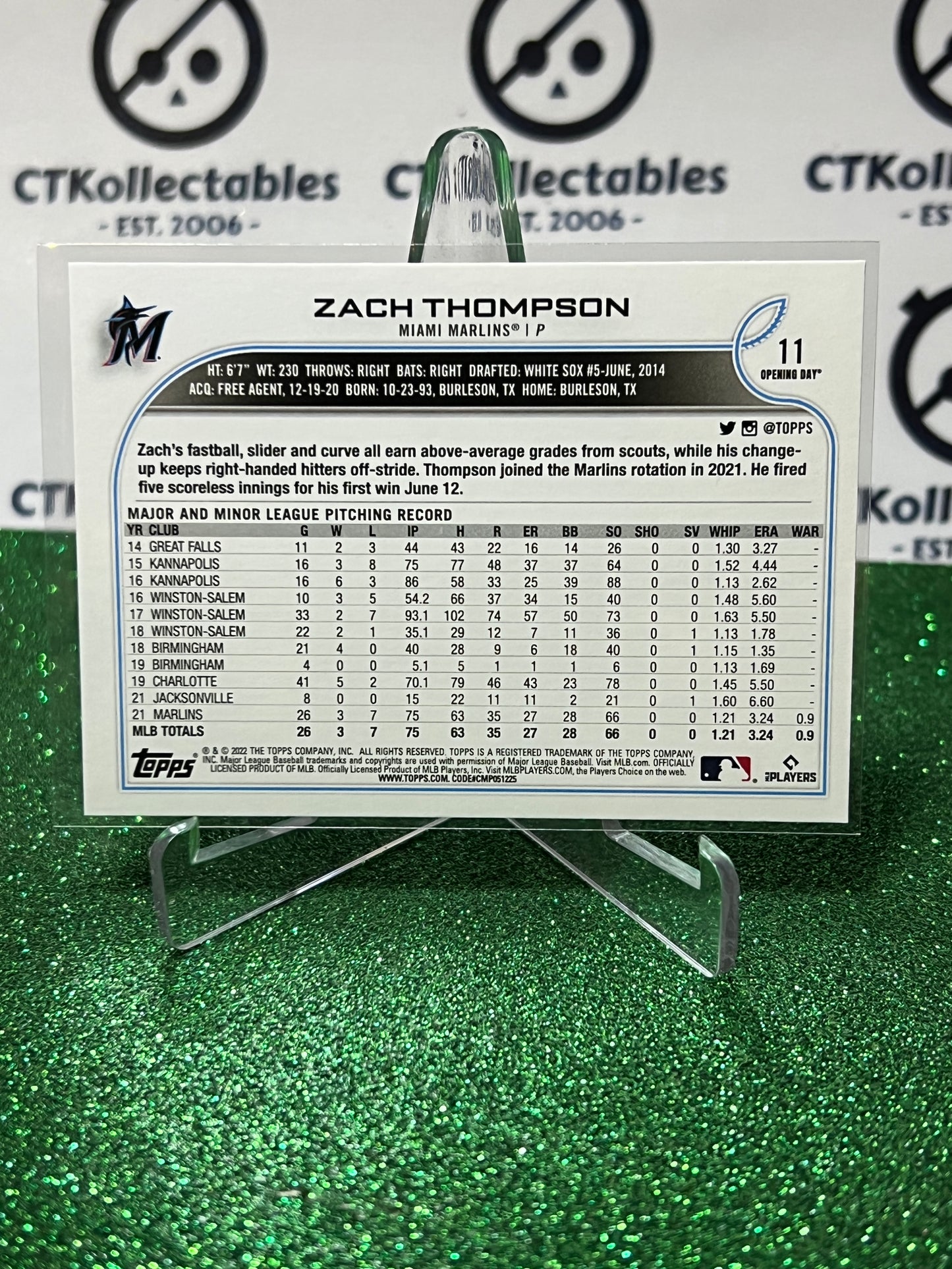 2022 TOPPS OPENING DAY ZACH THOMPSON # 11 MIAMI MARLINS BASEBALL