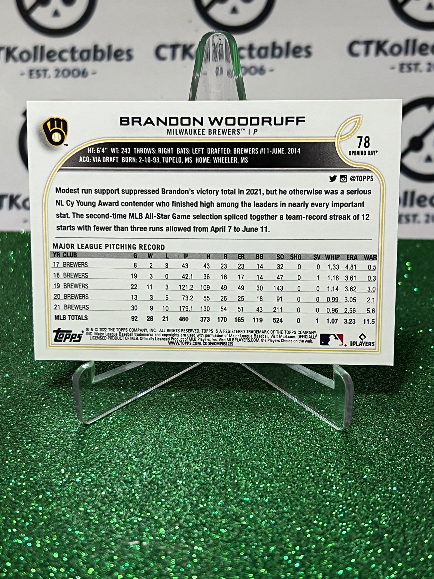 2022 TOPPS  OPENING DAY BRANDON WOODRUFF # 78 MILWAUKEE BREWERS  BASEBALL CARD