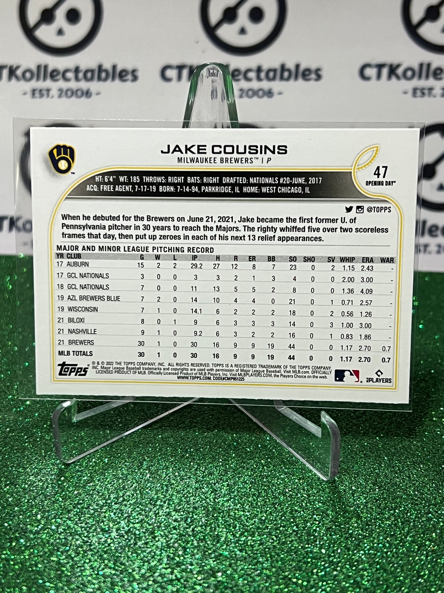 2022 TOPPS  OPENING DAY JAKE COUSINS # 47 ROOKIE MILWAUKEE BREWERS  BASEBALL CARD