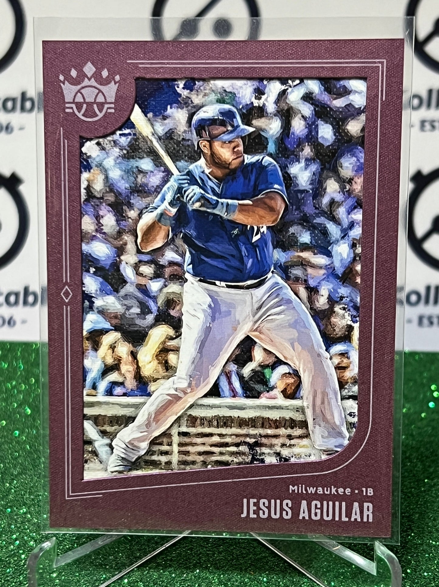 2019 PANINI DIAMOND KINGS JESUS AGUILAR # 116 FRAMED PLUM  MILWAUKEE BREWERS  BASEBALL CARD