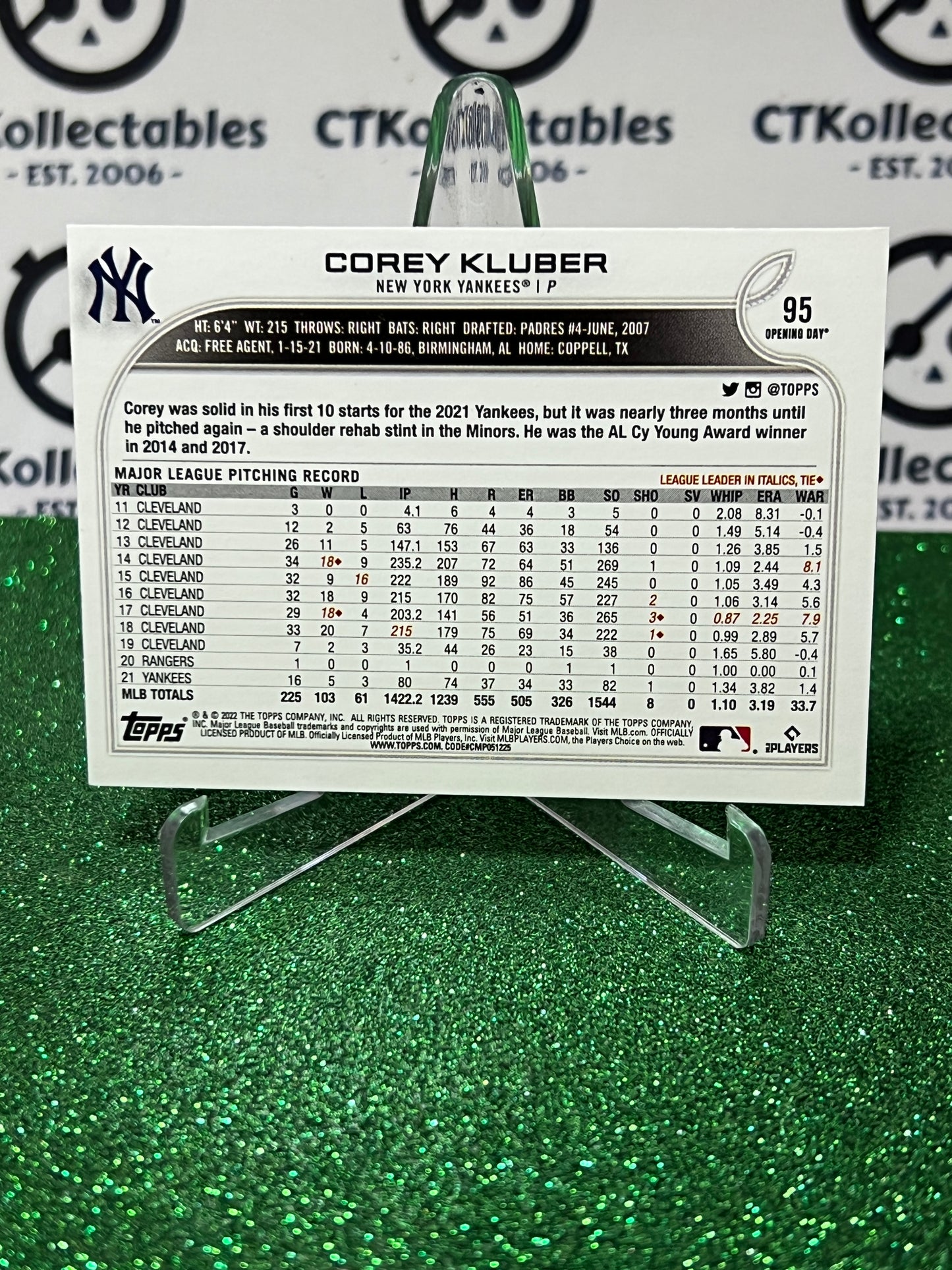 2022 TOPPS OPENING DAY COREY KLUBER # 95 NEW YORK YANKEES BASEBALL CARD