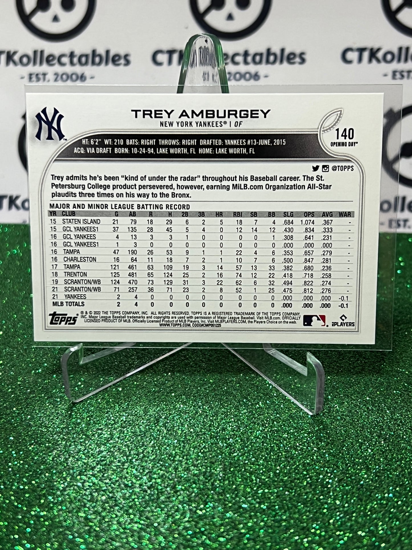 2022 TOPPS OPENING DAY TREY AMBURGEY # 140 ROOKIE  NEW YORK YANKEES BASEBALL CARD