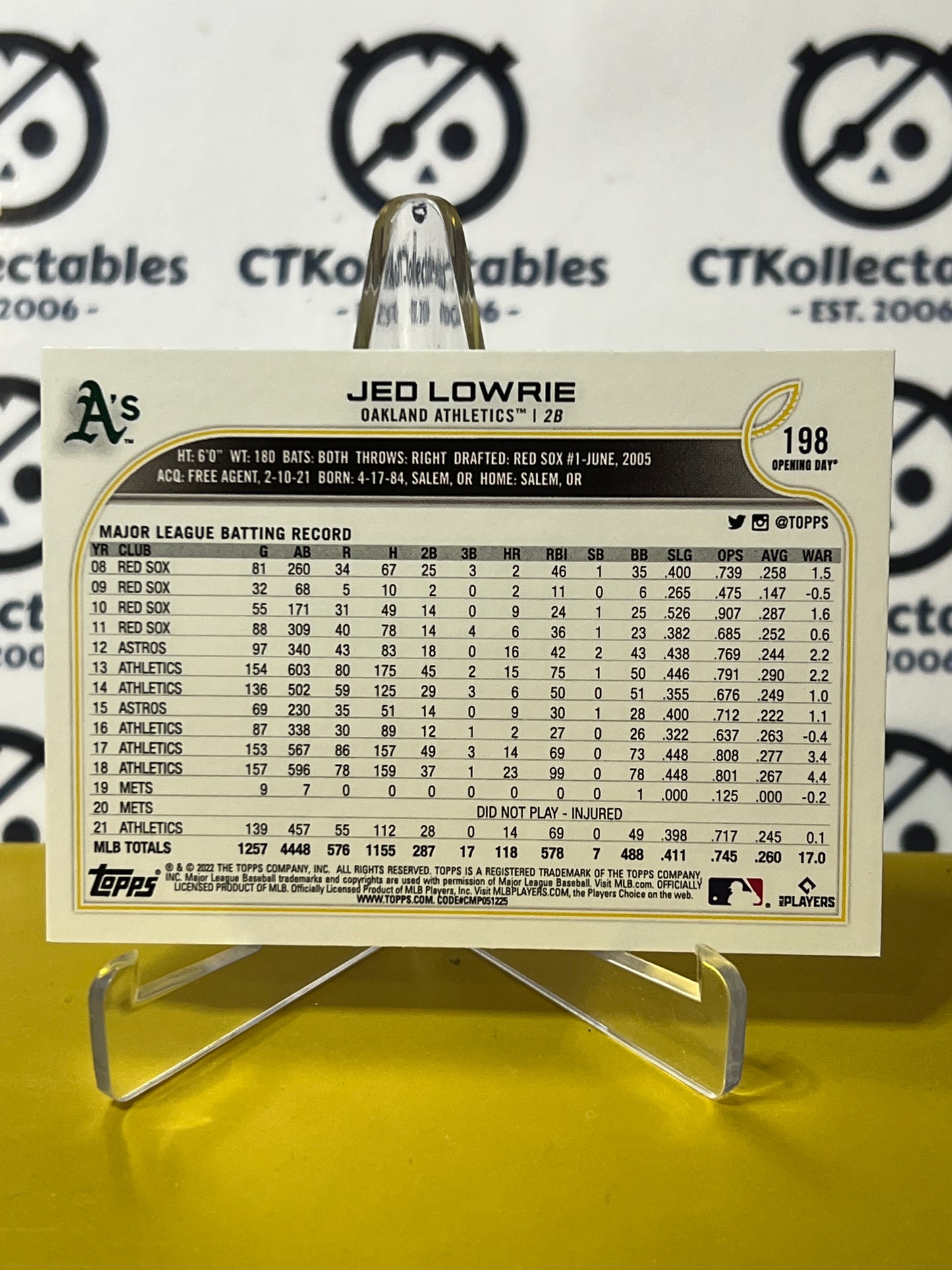 2022 TOPPS OPENING DAY JED LOWRIE # 198 OAKLAND ATHLETICS BASEBALL CARD