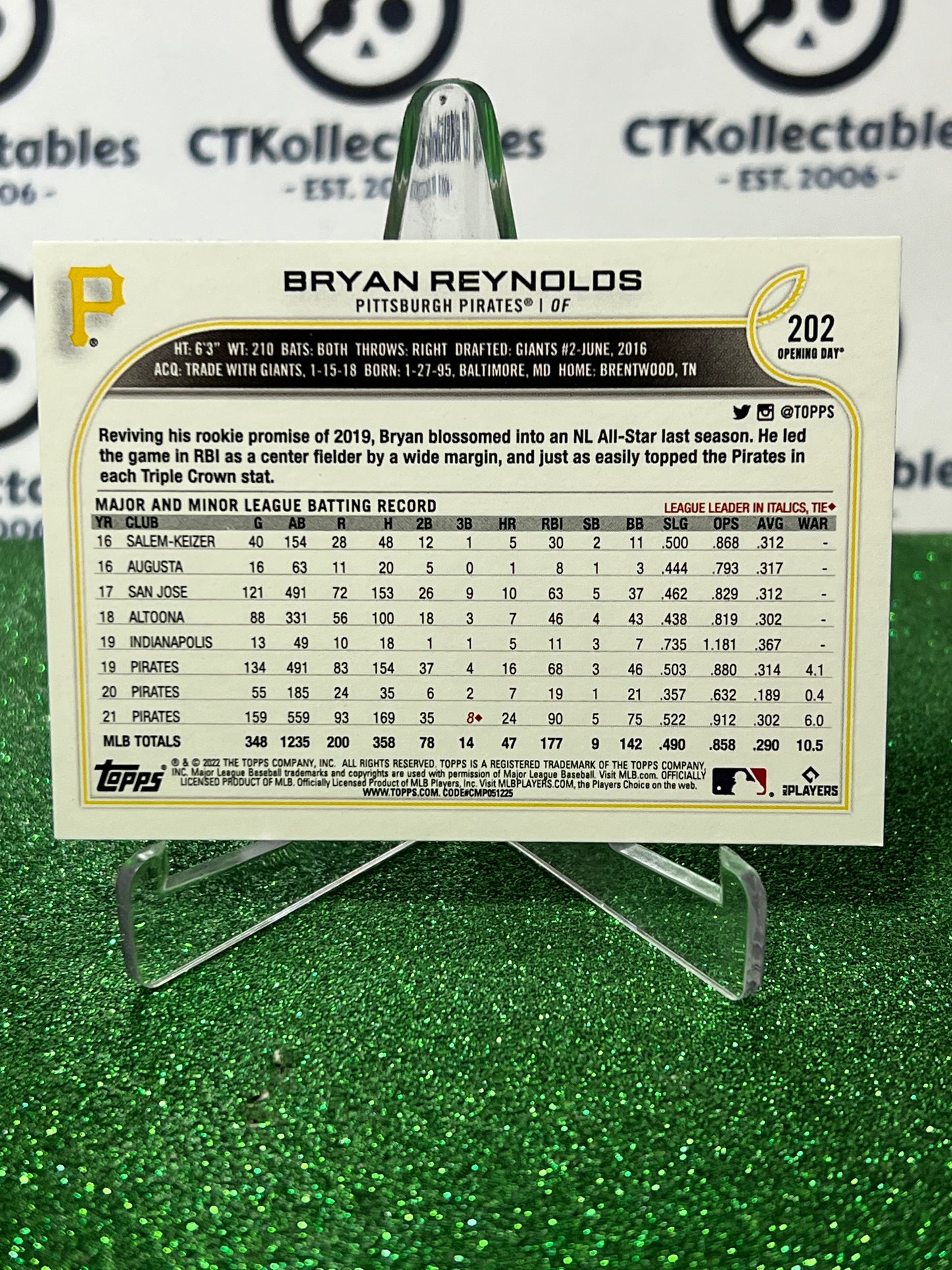 2022 TOPPS OPENING DAY BRYAN REYNOLDS # 202 PITTSBURGH PIRATES BASEBALL CARD