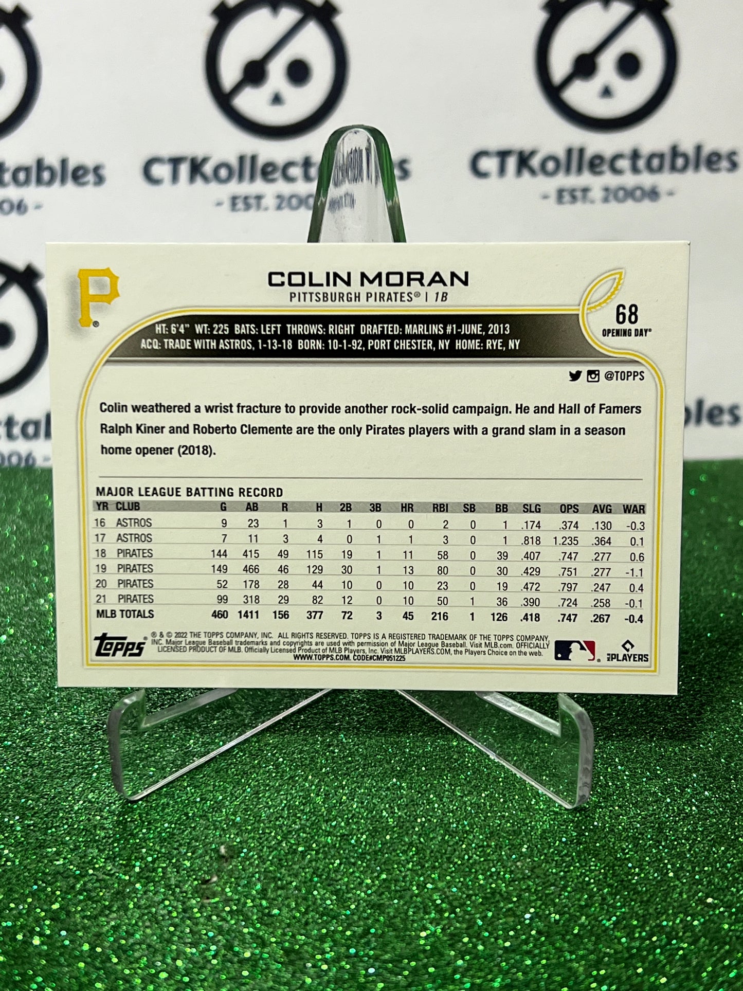2022 TOPPS OPENING DAY COLIN MORAN # 68 PITTSBURGH PIRATES BASEBALL CARD