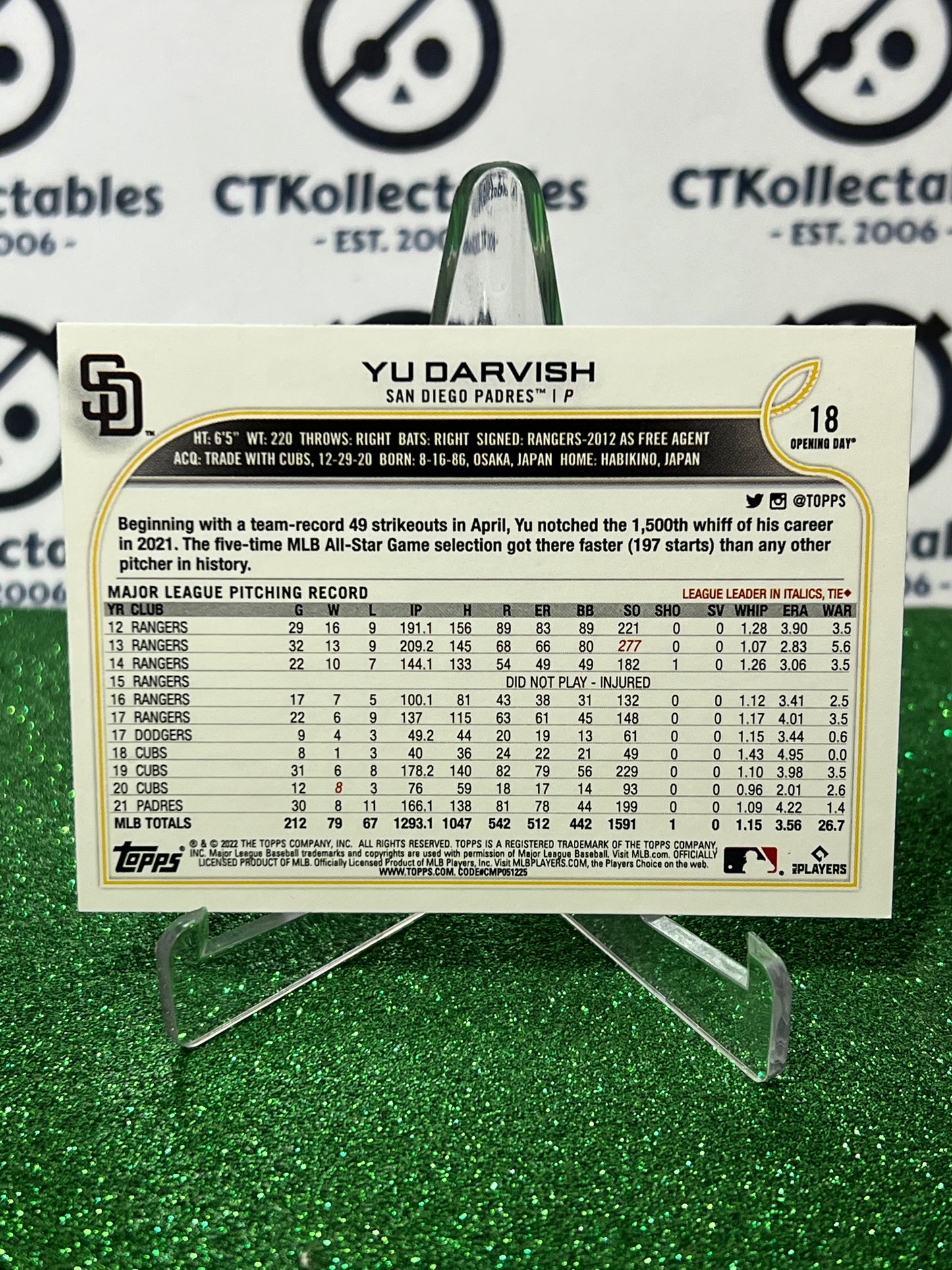 2022 TOPPS OPENING DAY YU DARVISH  # 18 SAN DIEGO PADRES BASEBALL CARD