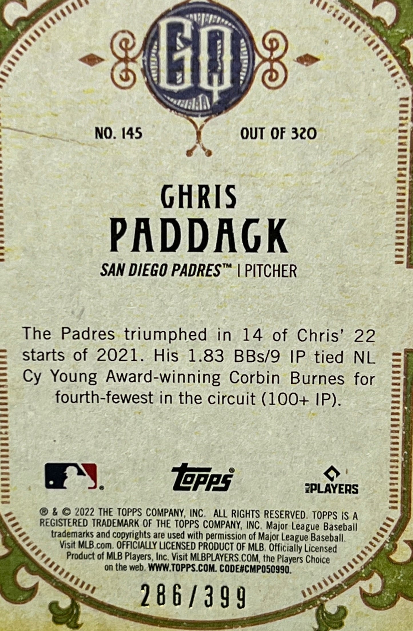 2022 TOPPS GYPSY QUEEN CHRIS PADDACK # 145 BROWN SAN DIEGO PADRES BASEBALL CARD