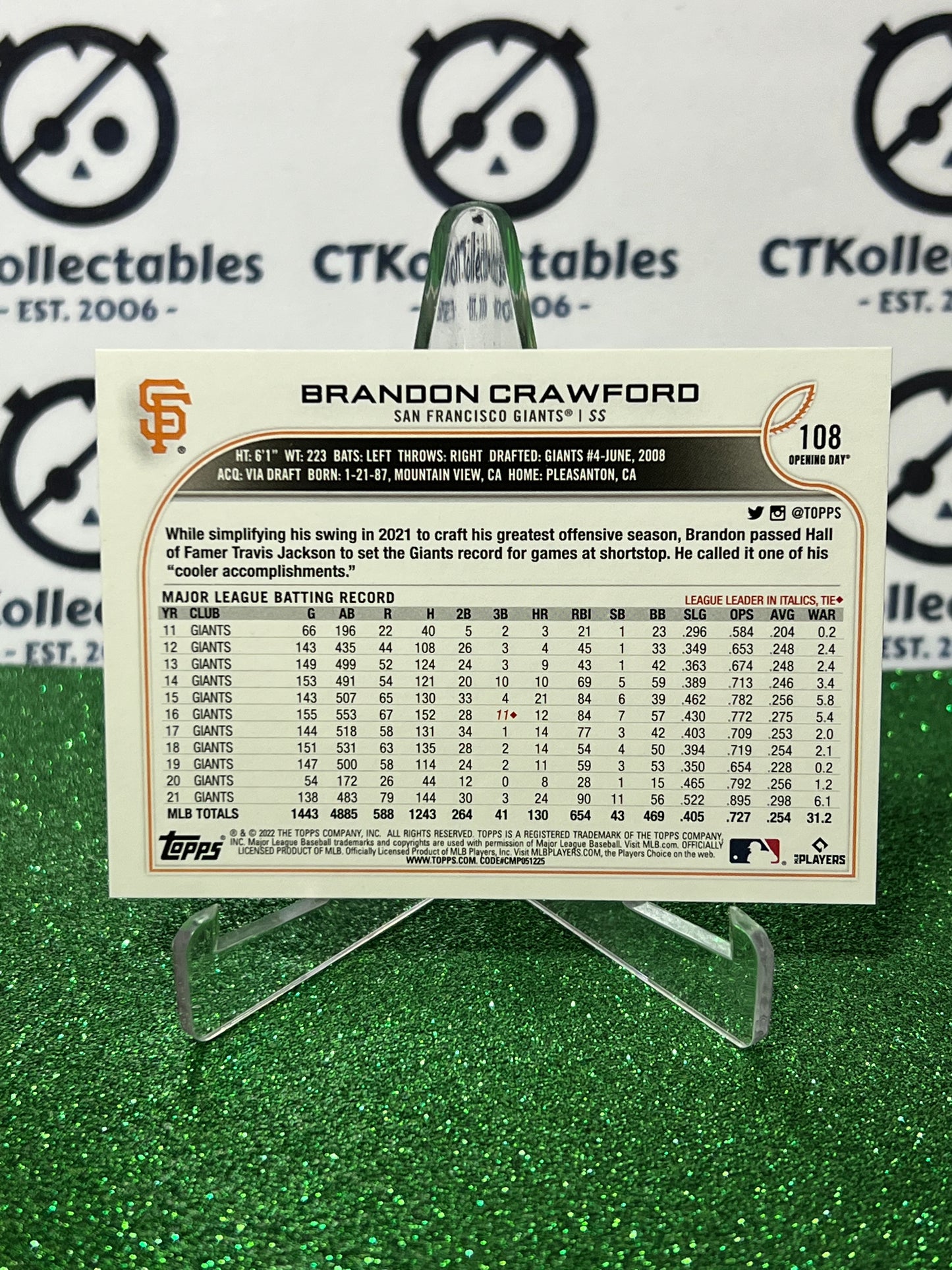 2022 TOPPS OPENING DAY BRANDON CRAWFORD # 108 SAN FRANCISCO GIANTS BASEBALL