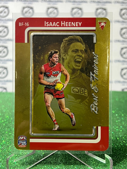 2025 AFL TEAMCOACH ISAAC HEENEY # BF-16 BEST & FAIREST GOLD SYDNEY SWANS CARD