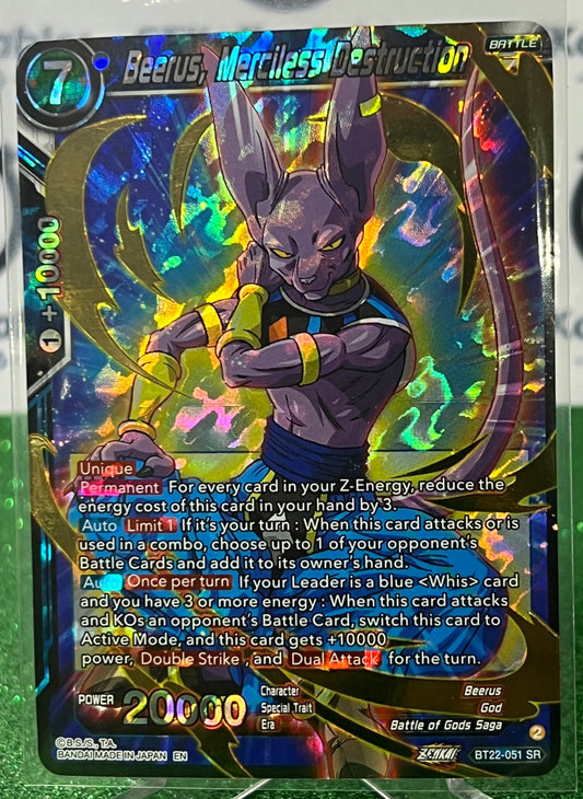 DRAGON BALL SUPER BEERUS, MERCILESS DESTRUCTION # BT22-051 SR  FOIL ANIME CARD 2023