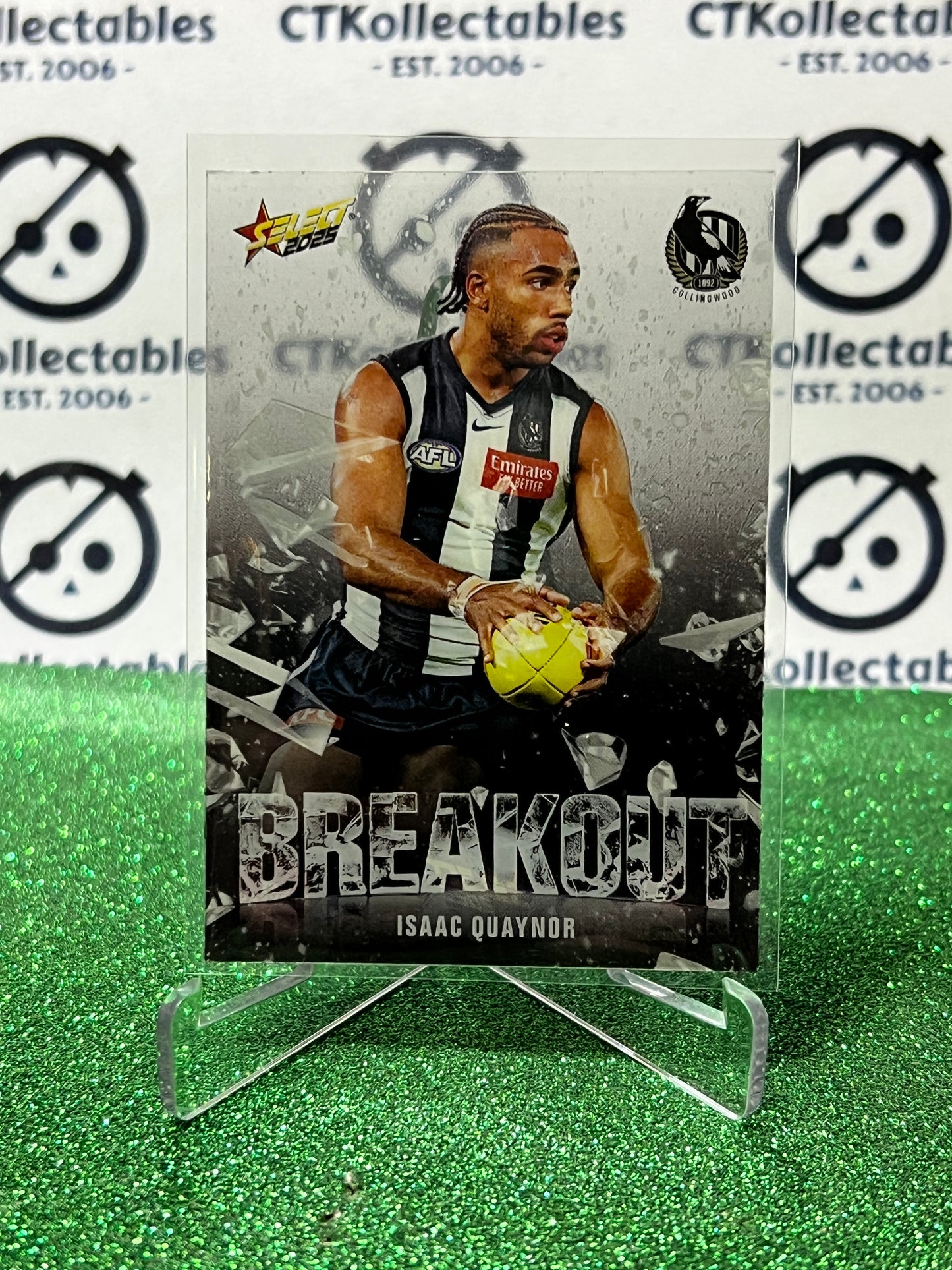 2025 AFL SELECT FOOTY STARS ISAAC QUAYNOR # B20 BREAKOUT COLLINGWOOD MAGPIES CARD
