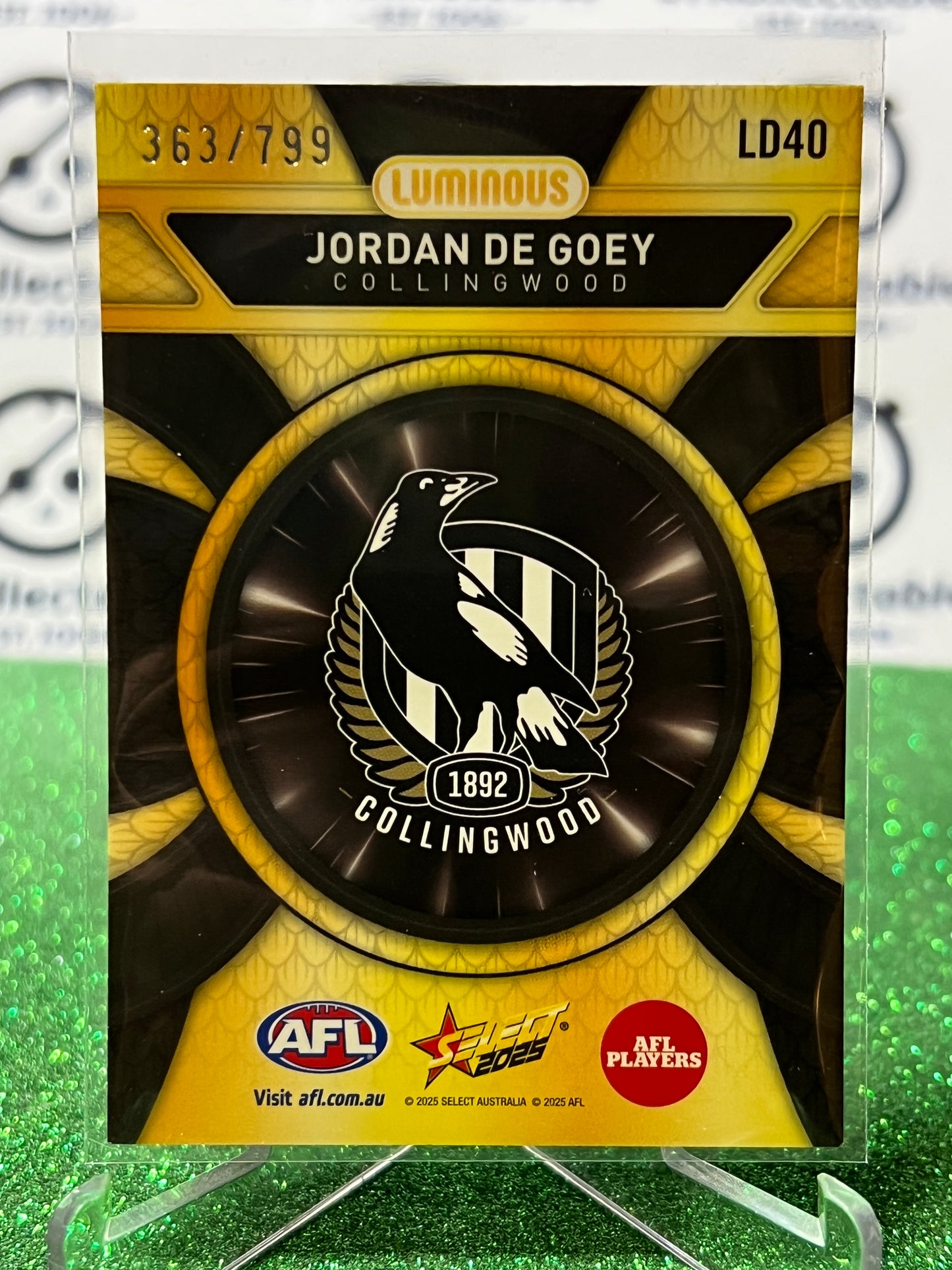 2025 AFL SELECT FOOTY STARS JORDAN DE GOEY # LD40 LUMINOUS /799 COLLINGWOOD MAGPIES CARD