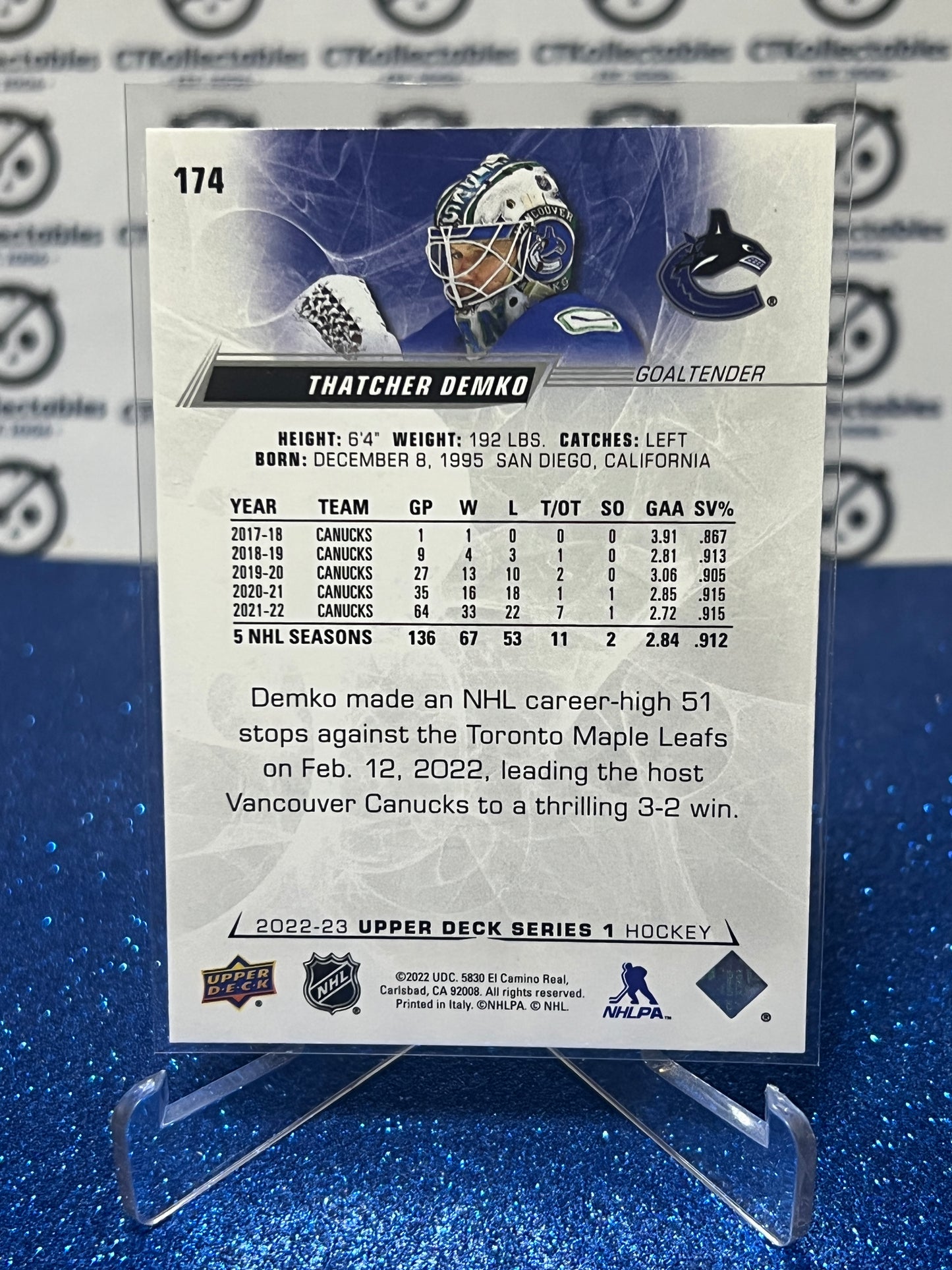 2022-23 UPPER DECK THATCHER DEMKO # 174 GOALTENDER  VANCOUVER CANUCKS  HOCKEY CARD