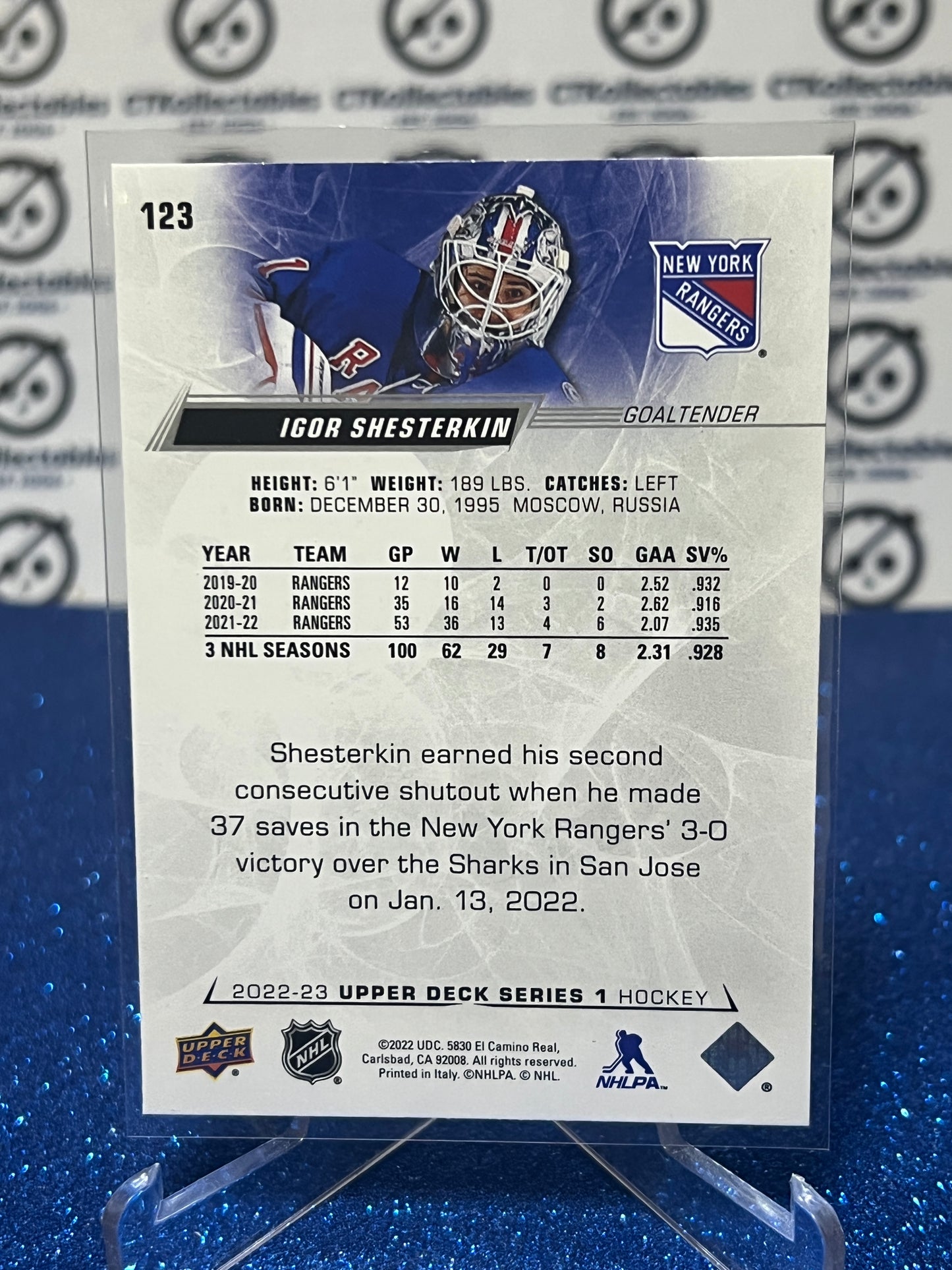 2022-23 UPPER DECK IGOR SHESTERKIN # 123 GOALTENDER NEW YORK RANGERS HOCKEY CARD