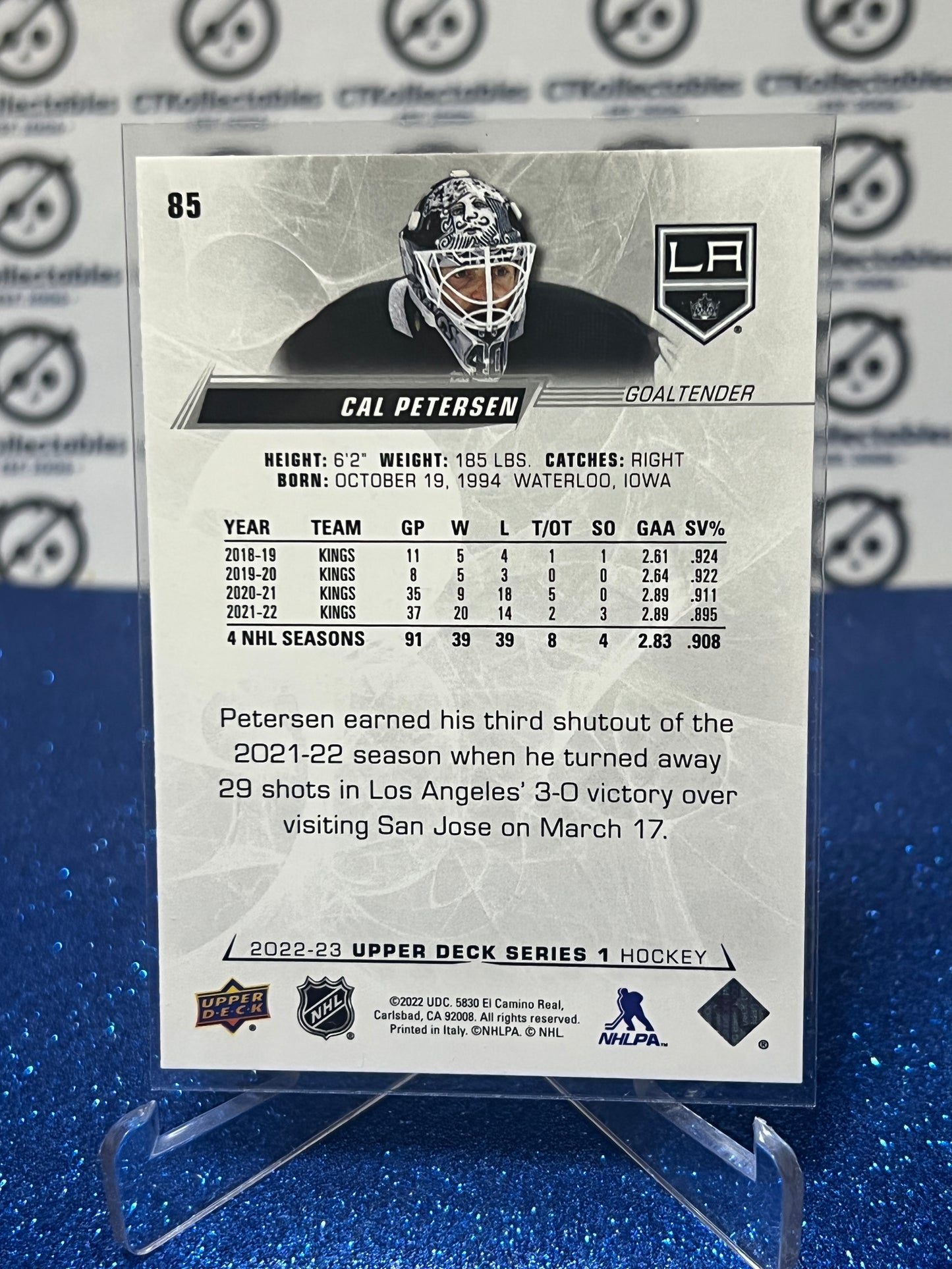 2022-23 UPPER DECK CAL PETERSEN # 85 GOALTENDER L A KINGS HOCKEY CARD