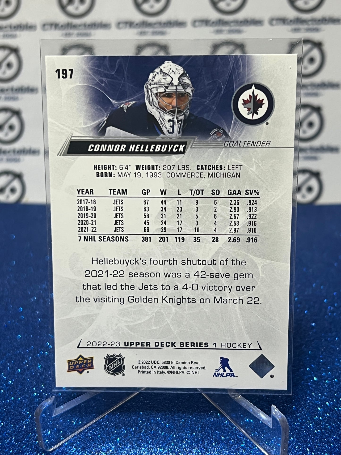 2022-23 UPPER DECK CONNOR HELLEBUYCK # 197 GOALTENDER WINNIPEG JETS HOCKEY CARD