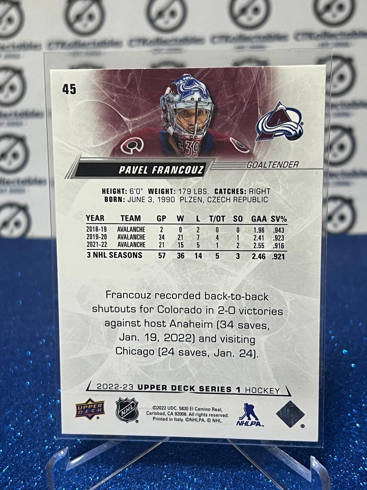 2022-23 UPPER DECK PAVEL FRANCOUZ # 45 GOALTENDER COLORADO AVALANCHE HOCKEY CARD