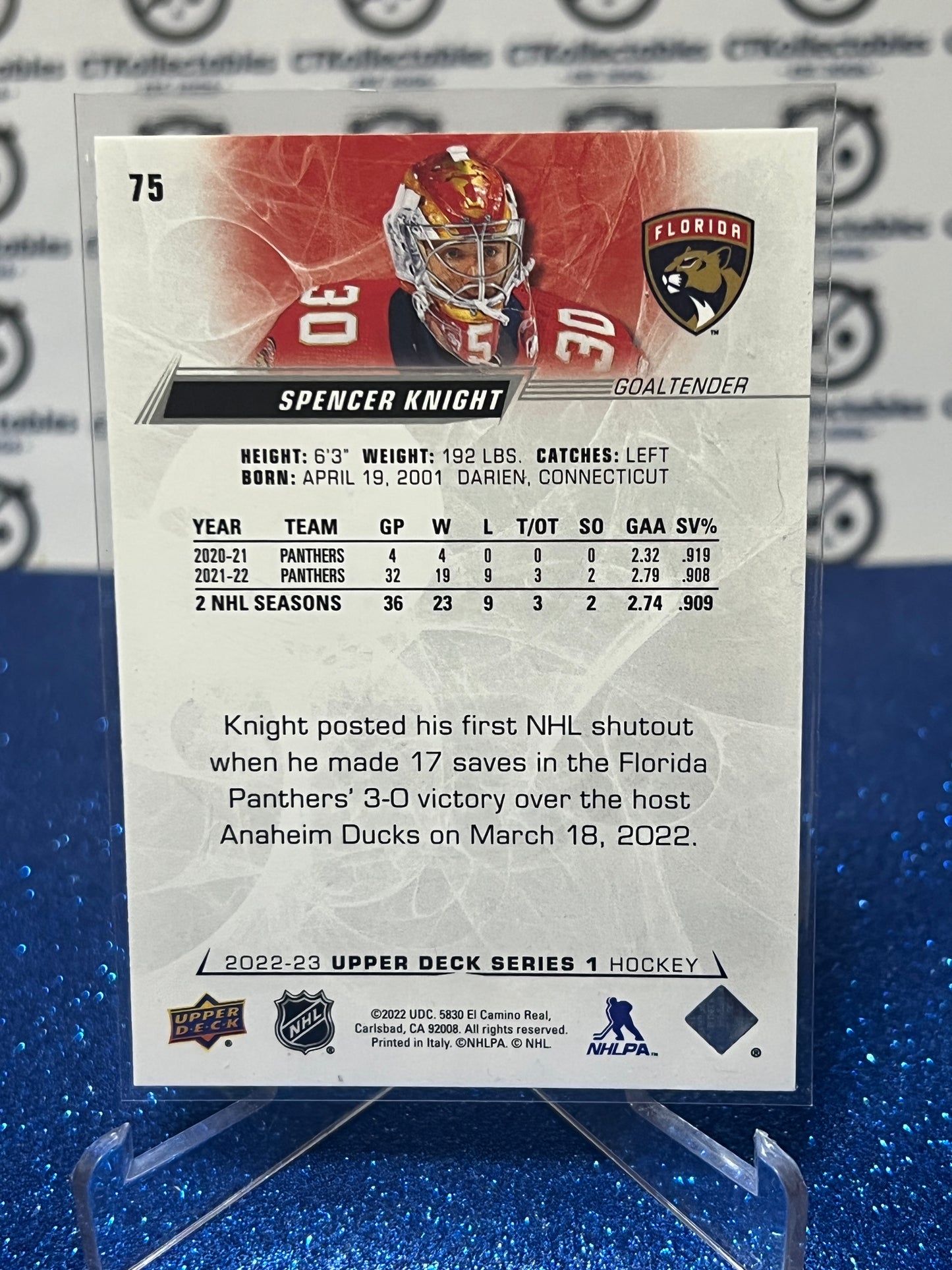 2022-23 UPPER DECK SPENCER KNIGHT # 75 GOALTENDER FLORIDA PANTHERS HOCKEY CARD