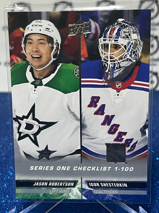 2022-23 UPPER DECK JASON ROBERTSON / IGOR SHESTERKIN CHECKLIST  # 199 STARS / RANGERS HOCKEY CARD