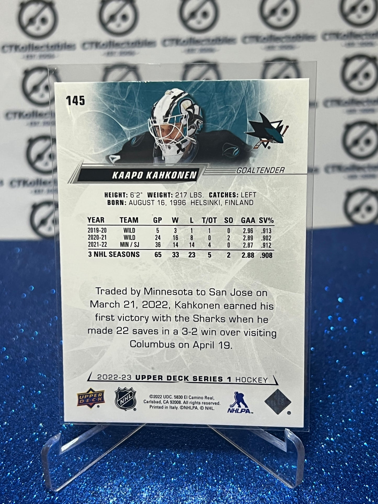 2022-23 UPPER DECK KAAPO KAHKONEN # 145  GOALTENDER SAN JOSE SHARKS HOCKEY CARD