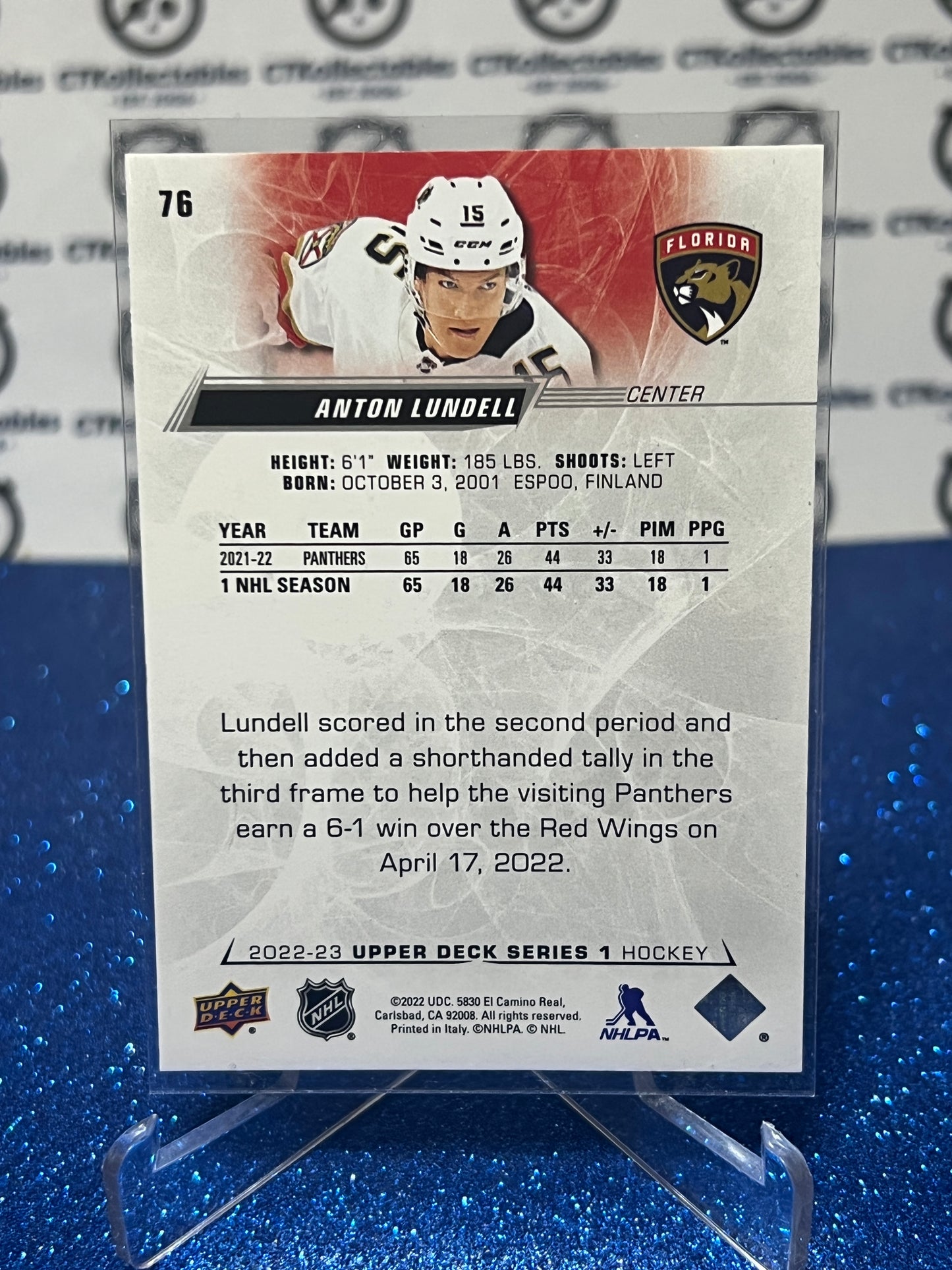 2022-23 UPPER DECK ANTON LUNDELL # 76  ROOKIE FLORIDA PANTHERS HOCKEY CARD