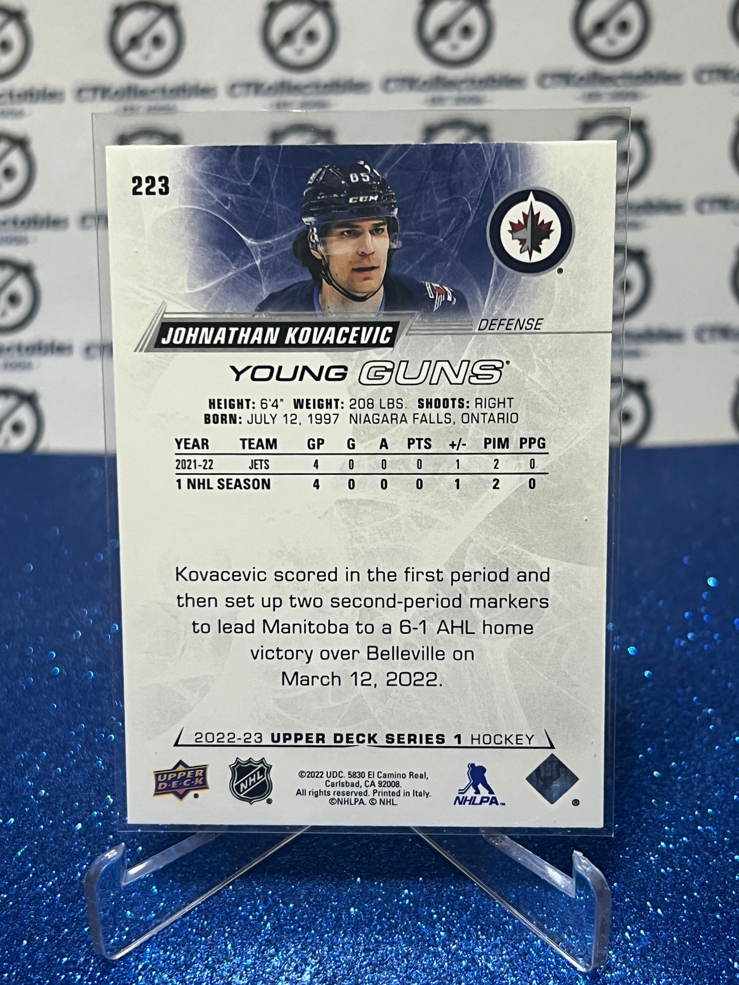 2022-23 UPPER DECK JOHNATHAN KOVACEVIC # 223 ROOKIE YOUNG GUNS WINNIPEG JETS  HOCKEY CARD