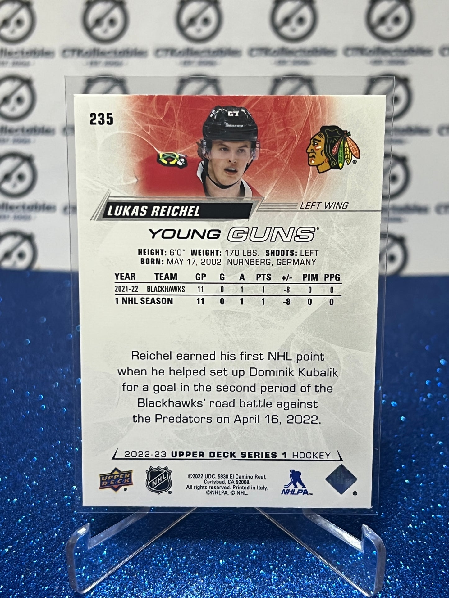 2022-23 UPPER DECK LUKAS REICHEL # 235 ROOKIE YOUNG GUNS CHICAGO BLACKHAWKS HOCKEY CARD