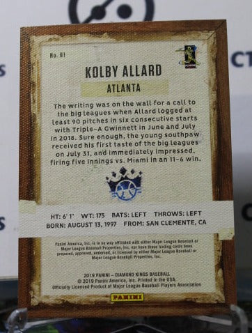 2019 PANINI DIAMOND KINGS BASEBALL KOLBY ALLARD # 61 ROOKIE ATLANTA BRAVES