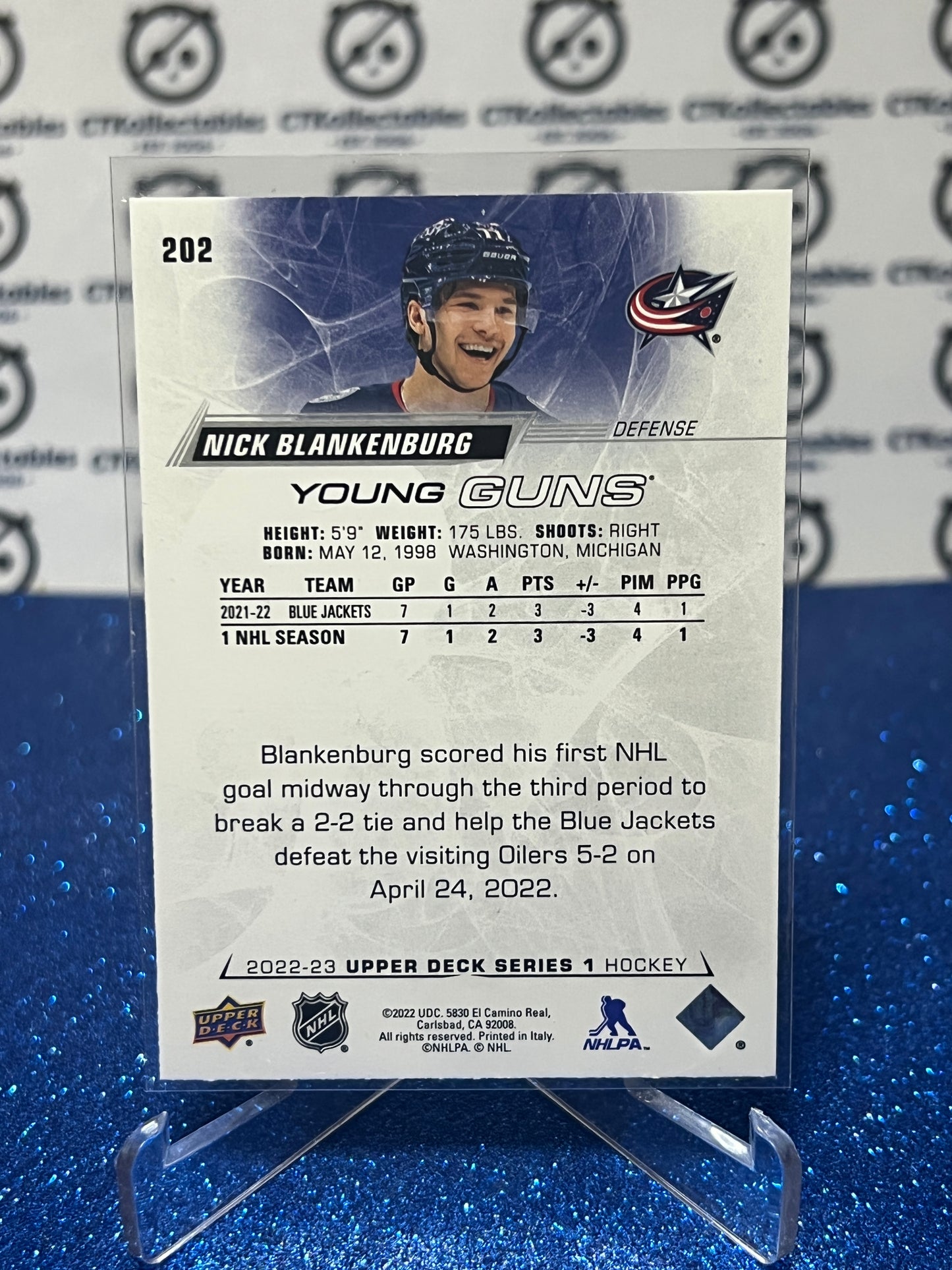 2022-23 UPPER DECK NICK BLANKENBURG # 202 ROOKIE YOUNG GUNS BLUE JACKETS  HOCKEY CARD