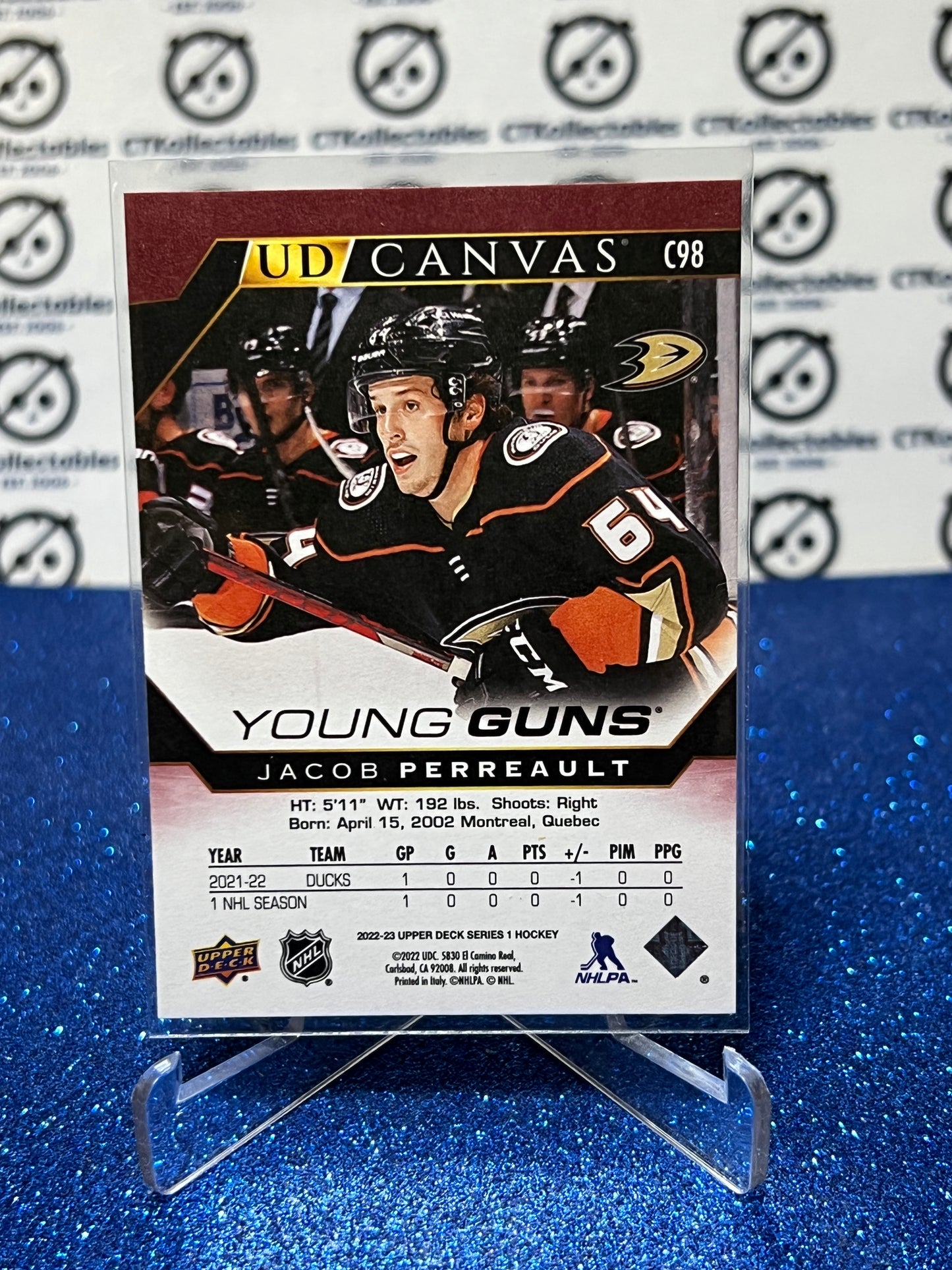 2022-23 UPPER DECK JACOB PERREAULT # C98 ROOKIE YOUNG GUNS CANVAS ANAHEIM DUCKS  HOCKEY CARD