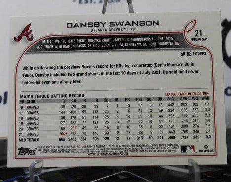 2022 TOPPS OPENING DAY BASEBALL DANSBY SWANSON  # 21 ATLANTA BRAVES