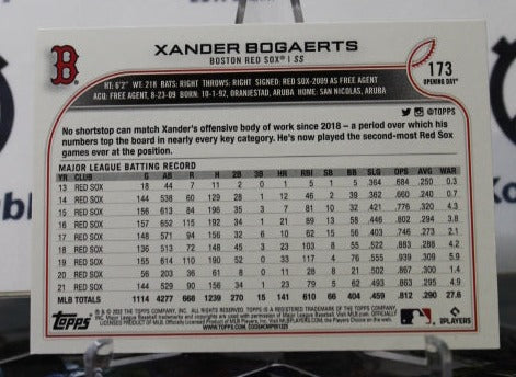 2022 TOPPS OPENING DAY XANDER BOGAERTS # 173 BOSTON RED SOX BASEBALL