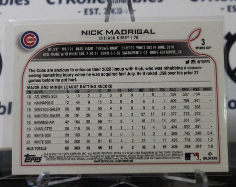 2022 TOPPS OPENING DAY NICK MADRIGAL # 3 FUTURE STARS CHICAGO CUBS  BASEBALL