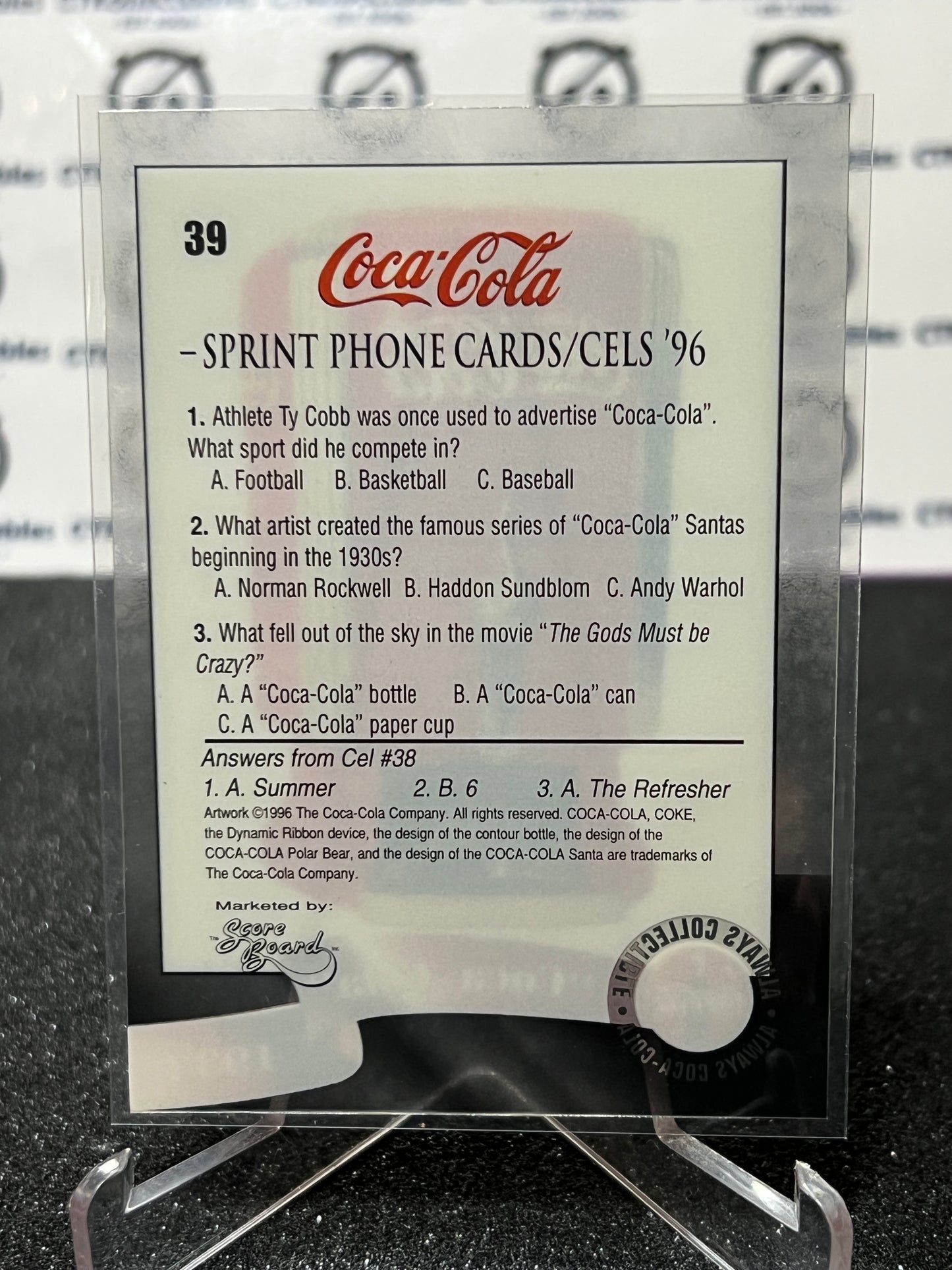 1996 COCA-COLA  SPRINT CELL CARD # 39 ALWAYS COLLECTABLE DISPENSER COKE AD